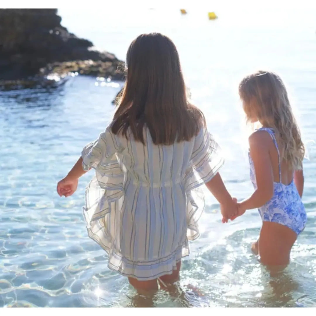 Bahia Shiny Stripe Swim Cover Up - White, Blue & Gold LISON PARIS