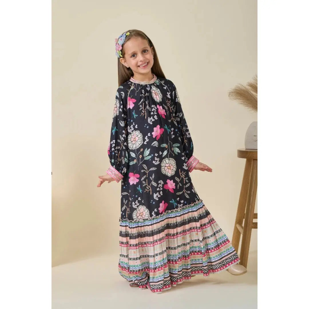 Fiona Printed Black Girls Long Dress JOEY & POOH
