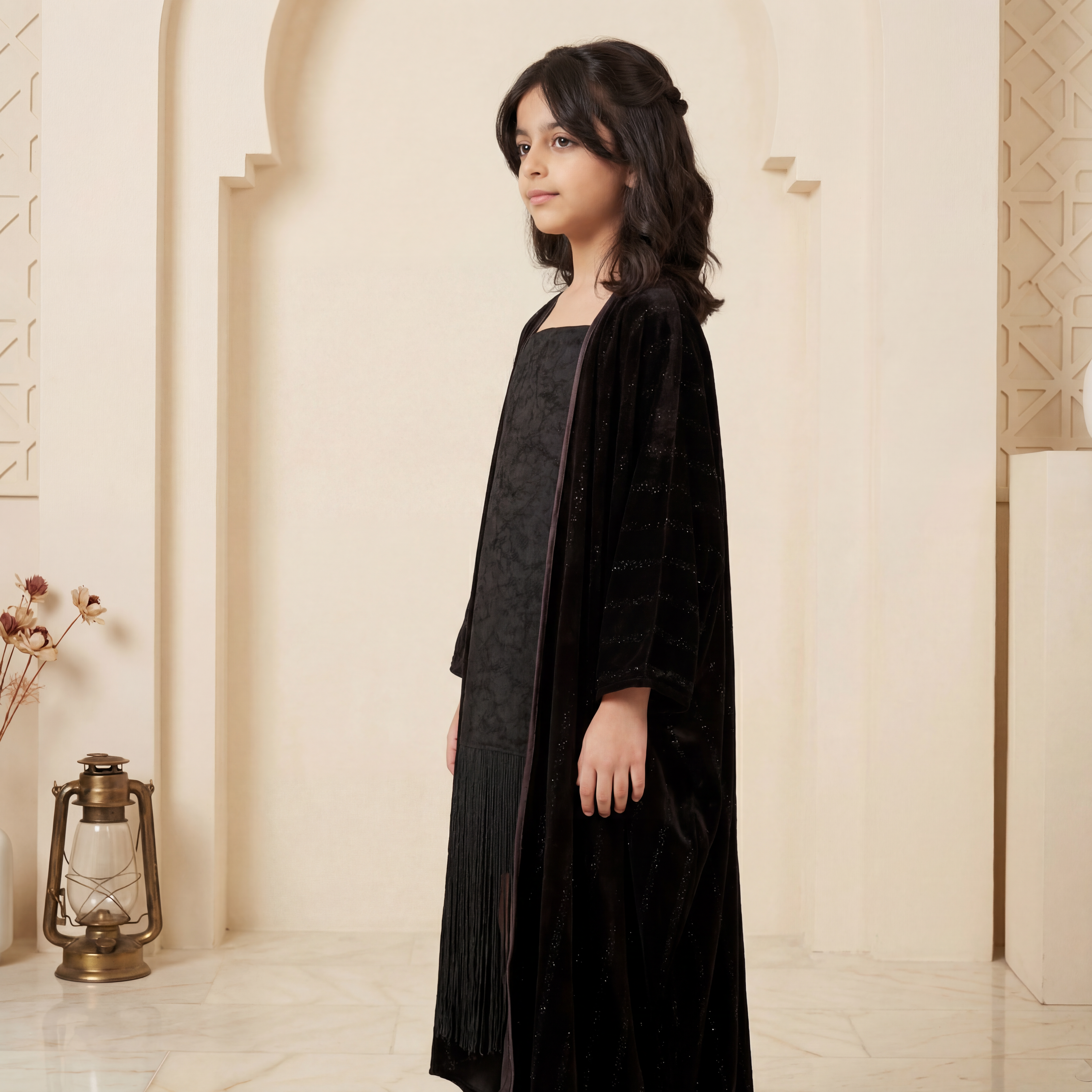Nayra Leather Tassels Dress with Velvet Bisht