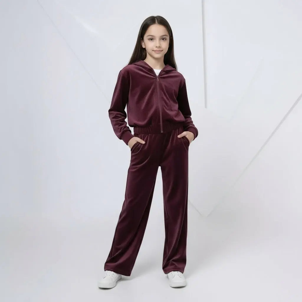 Girls Velvet Hoodie Set - Burgundy ORELIE