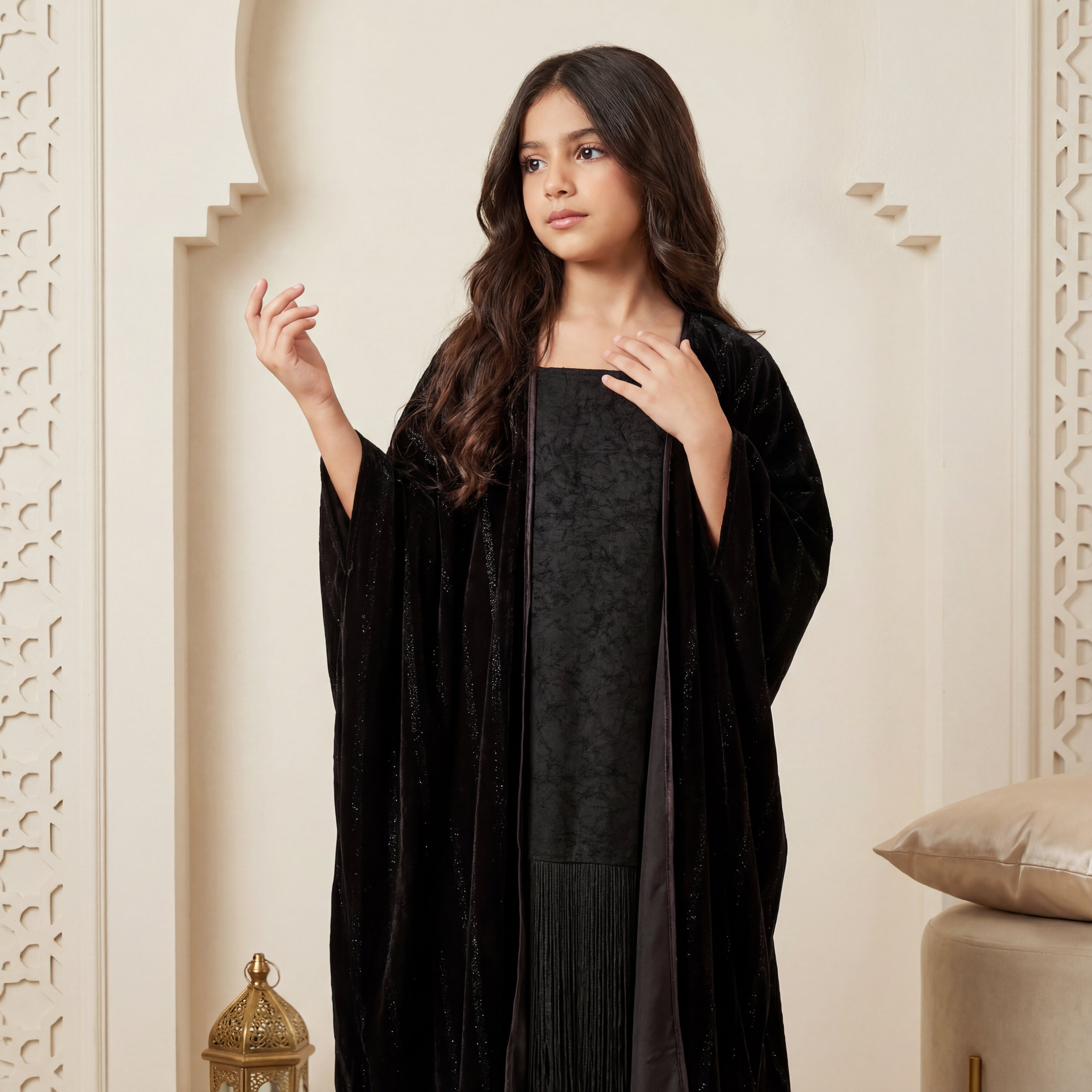 Nayra Leather Tassels Dress with Velvet Bisht