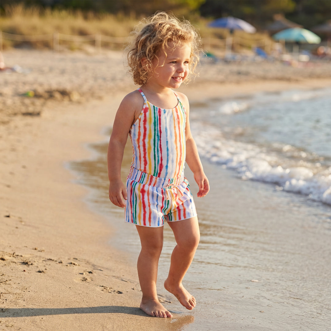 Girls Sunset Watercolor Stripes Swimsuit & Trunks