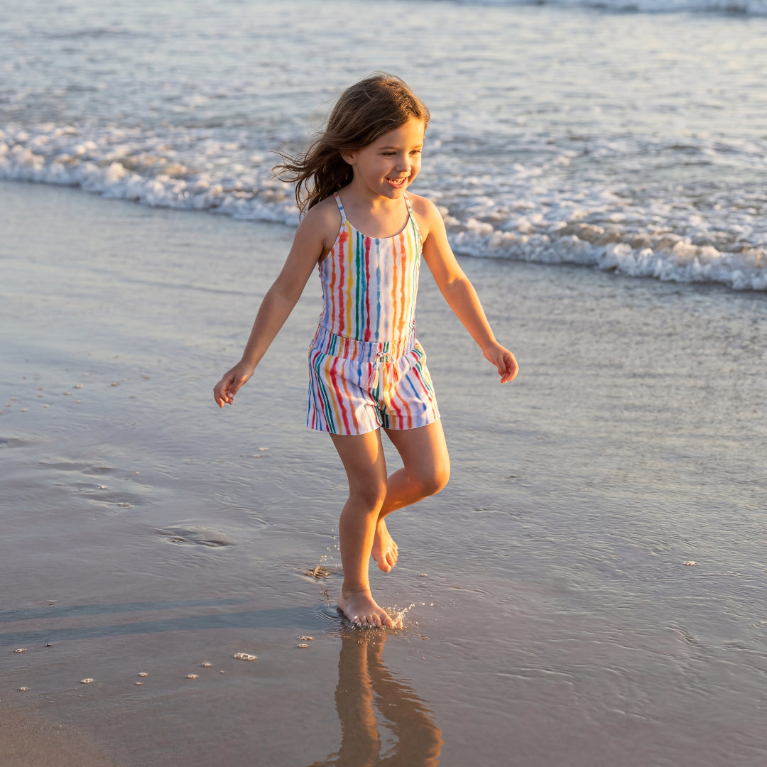 Girls Sunset Watercolor Stripes Swimsuit & Trunks