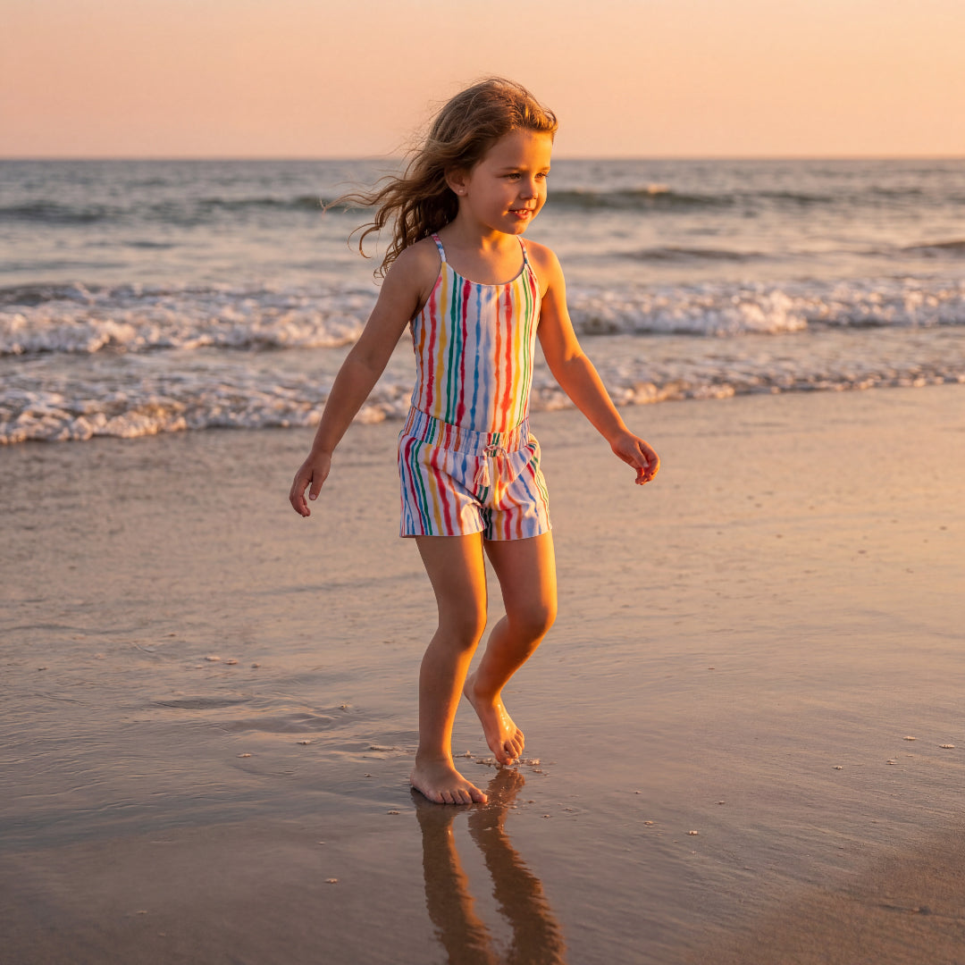 Girls Sunset Watercolor Stripes Swimsuit & Trunks
