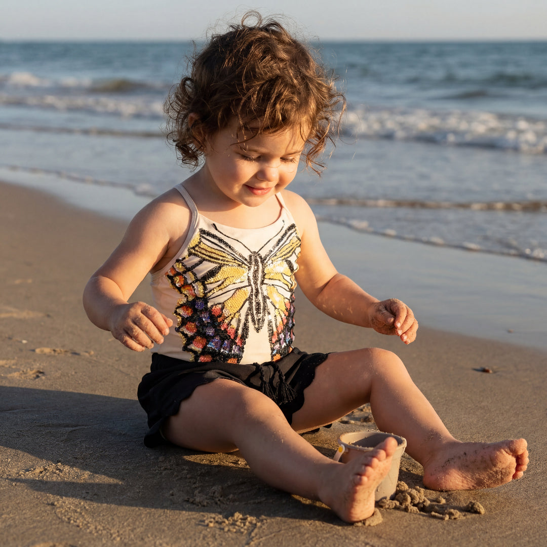 Girls Glitter Wings Swimsuit & Black Trunks Set