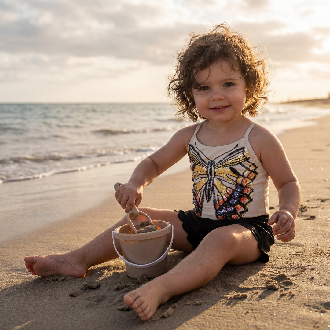 Girls Glitter Wings Swimsuit & Black Trunks Set