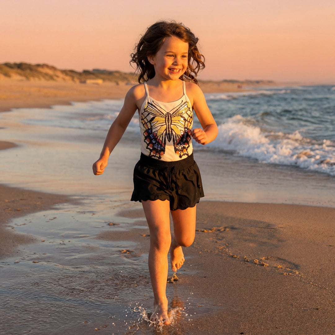 Girls Glitter Wings Swimsuit & Black Trunks Set