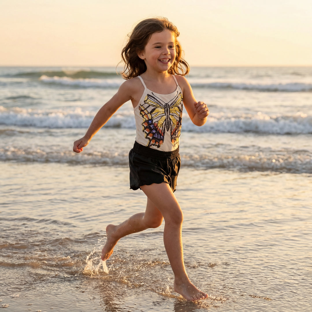 Girls Glitter Wings Swimsuit & Black Trunks Set