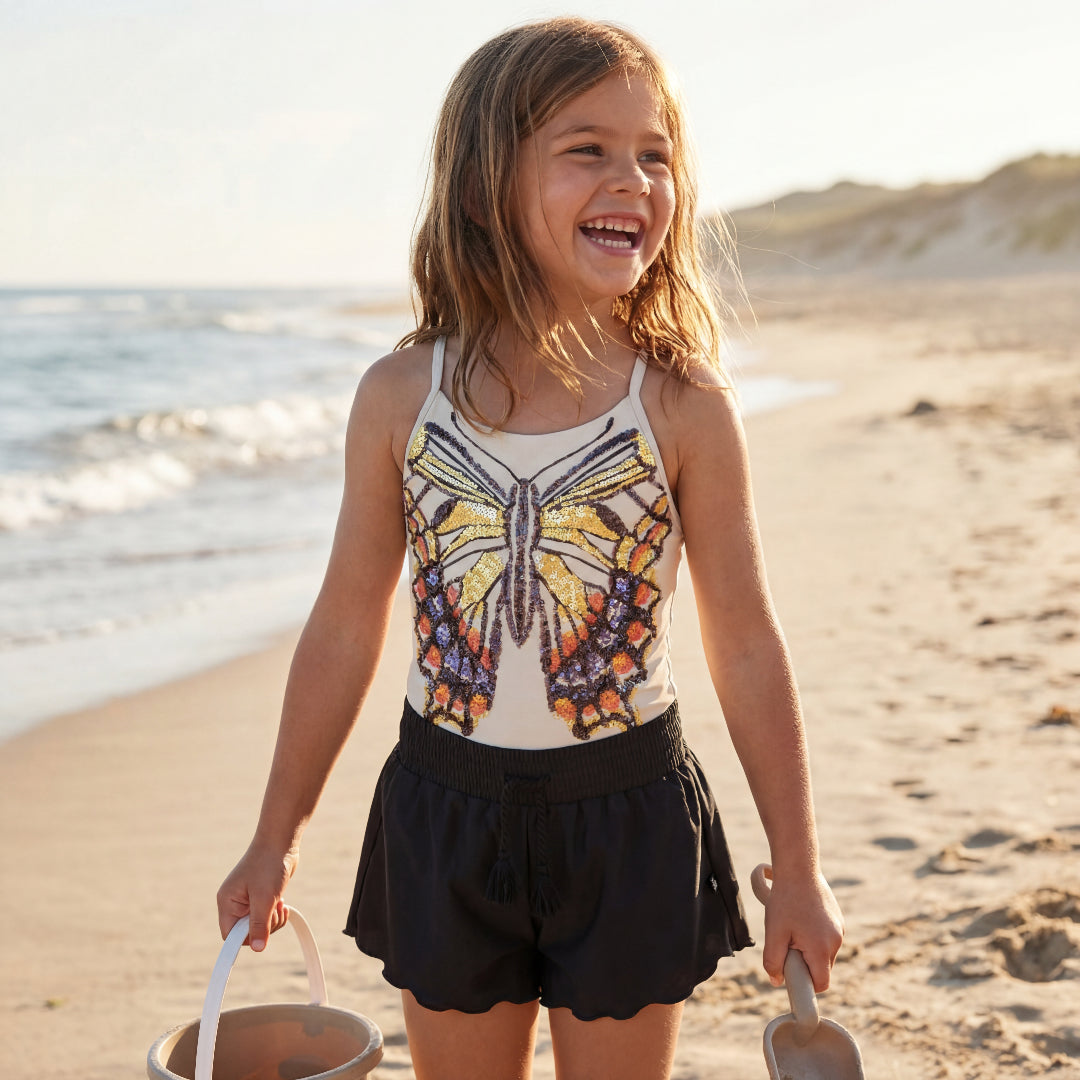 Girls Glitter Wings Swimsuit & Black Trunks Set