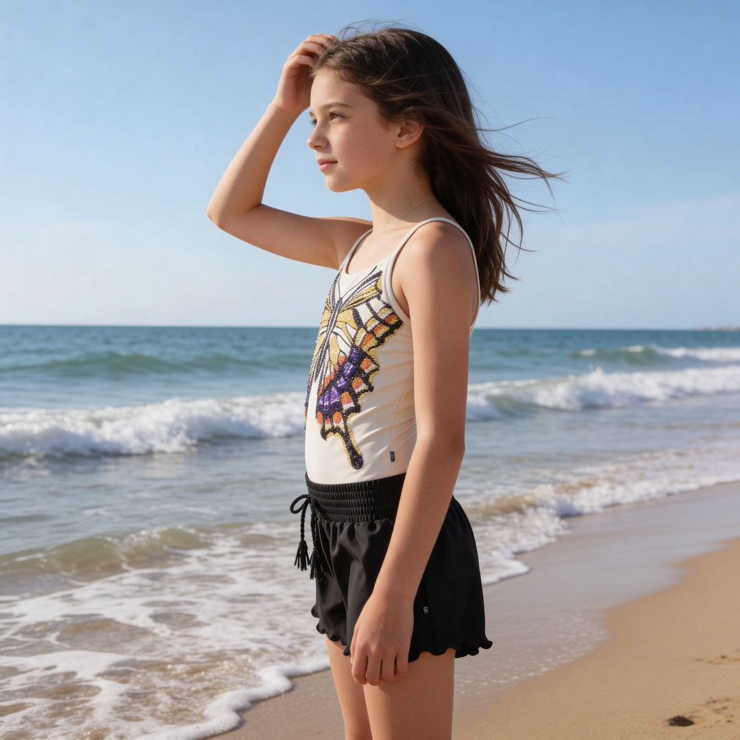 Girls Glitter Wings Swimsuit & Black Trunks Set