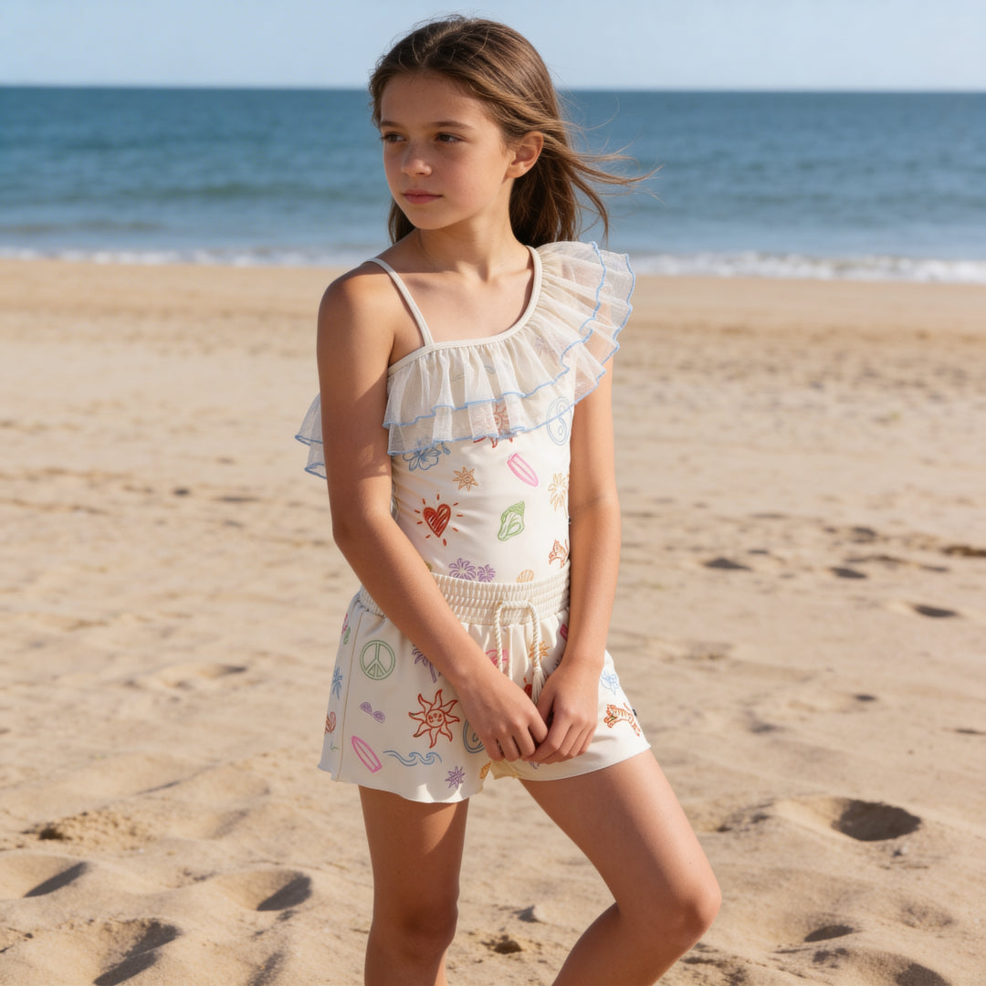 Girls Doodles Embroidered Swimsuit & Trunks Set