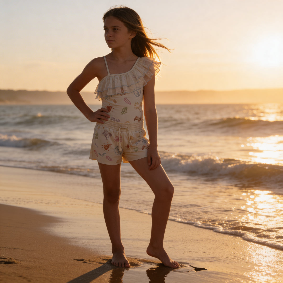 Girls Doodles Embroidered Swimsuit & Trunks Set