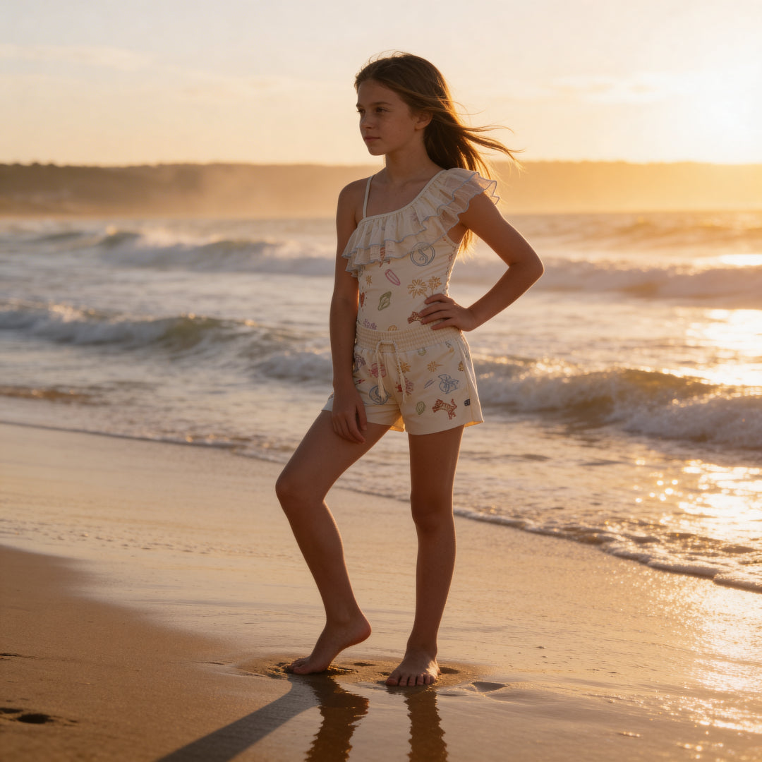 Girls Doodles Embroidered Swimsuit & Trunks Set