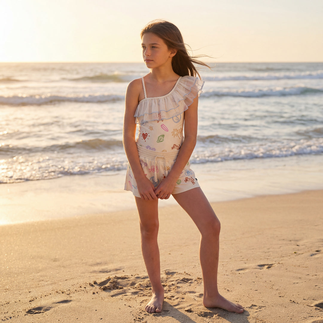 Girls Doodles Embroidered Swimsuit & Trunks Set