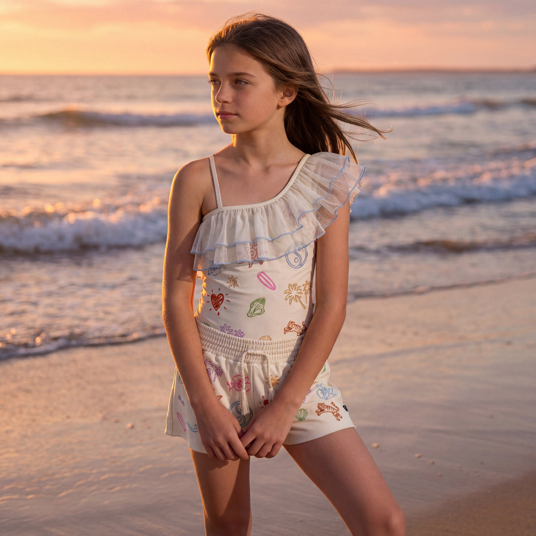 Girls Doodles Embroidered Swimsuit & Trunks Set