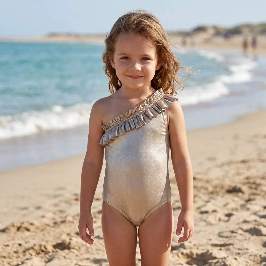 Champagne Metallic One-Shoulder Ruffle Girls Swimsuit Lison Paris