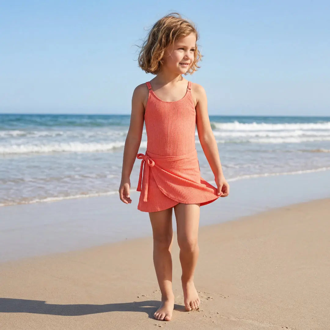 Coral Neon Swimsuit & Wrap Skirt Set Lison Paris