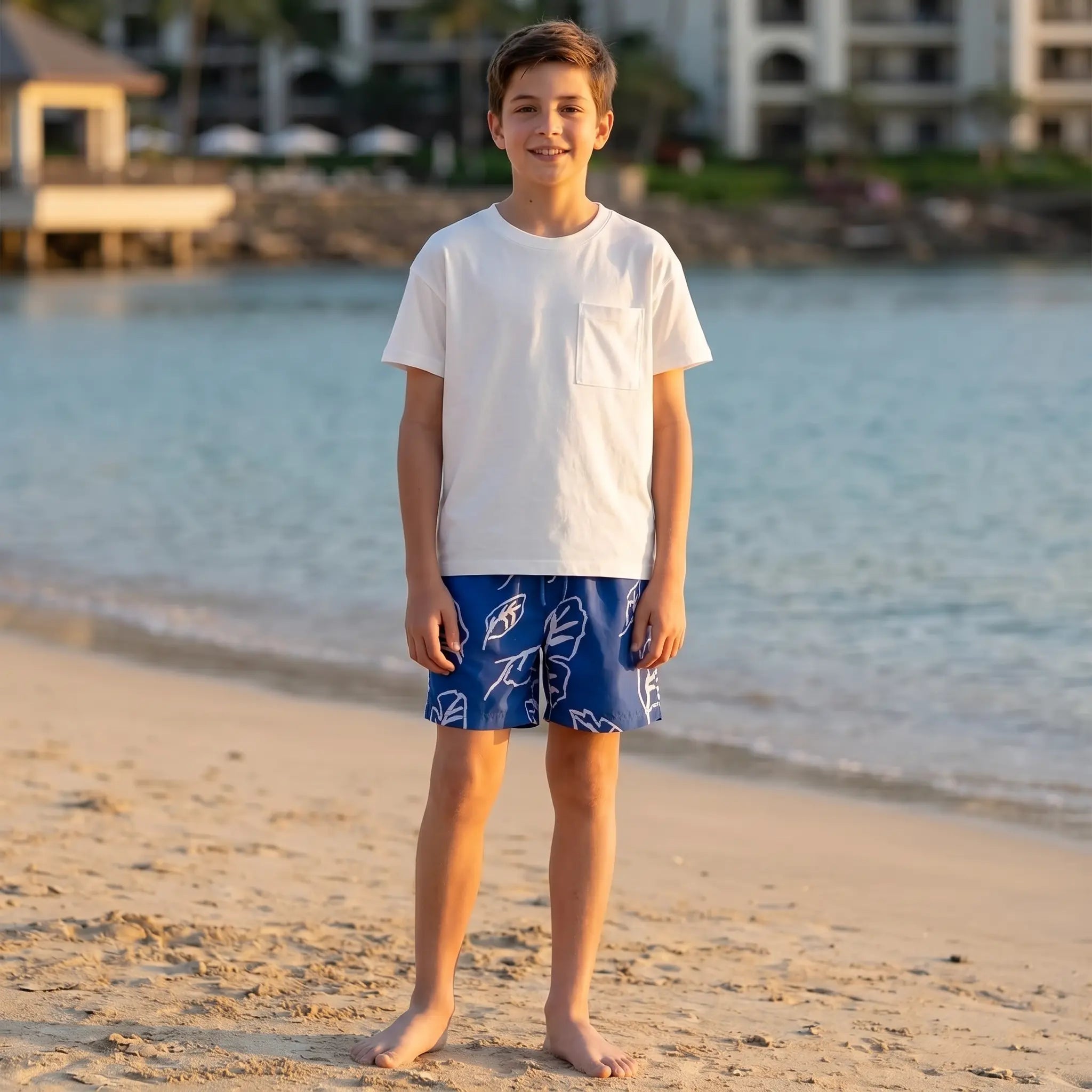 Plain White Jersey T-shirt & Ocean Leaves Swim Shorts PLAY UP