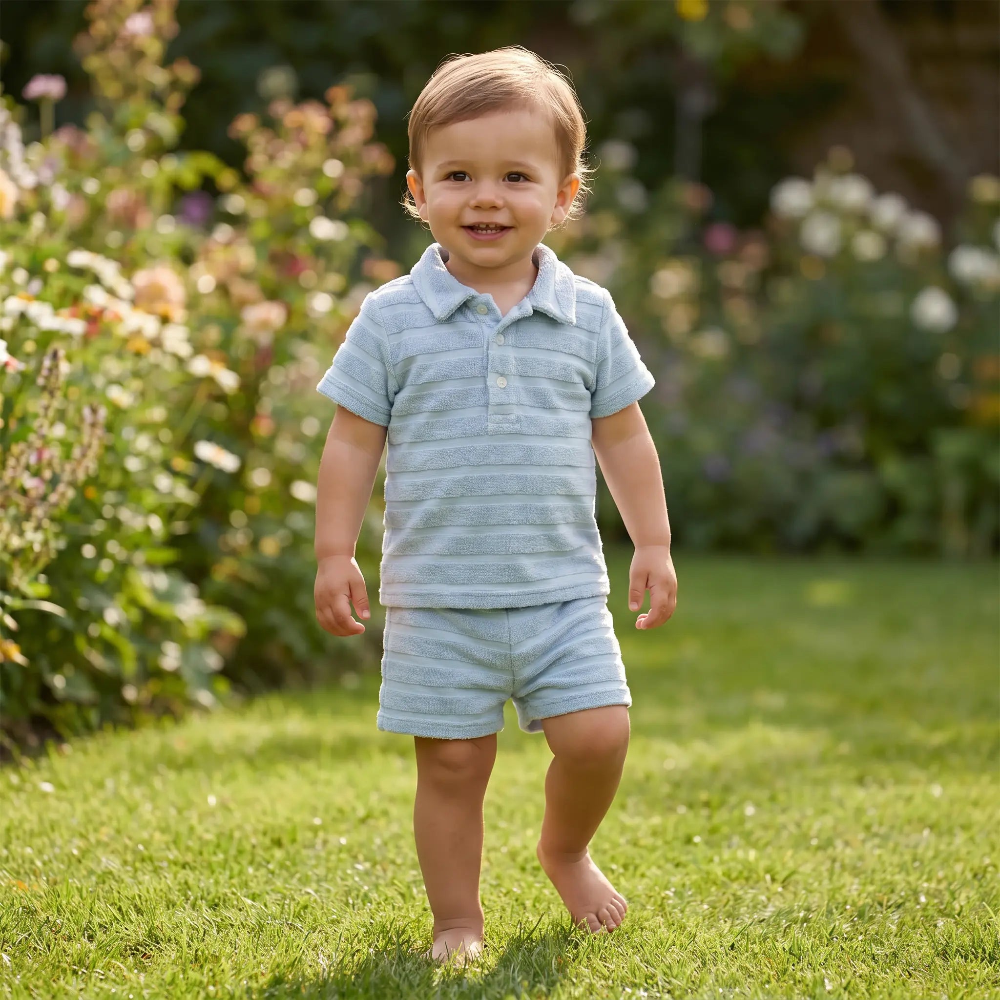 Sky Blue Terry Stripes Baby Shorts Set TARTINE ET CHOCOLAT