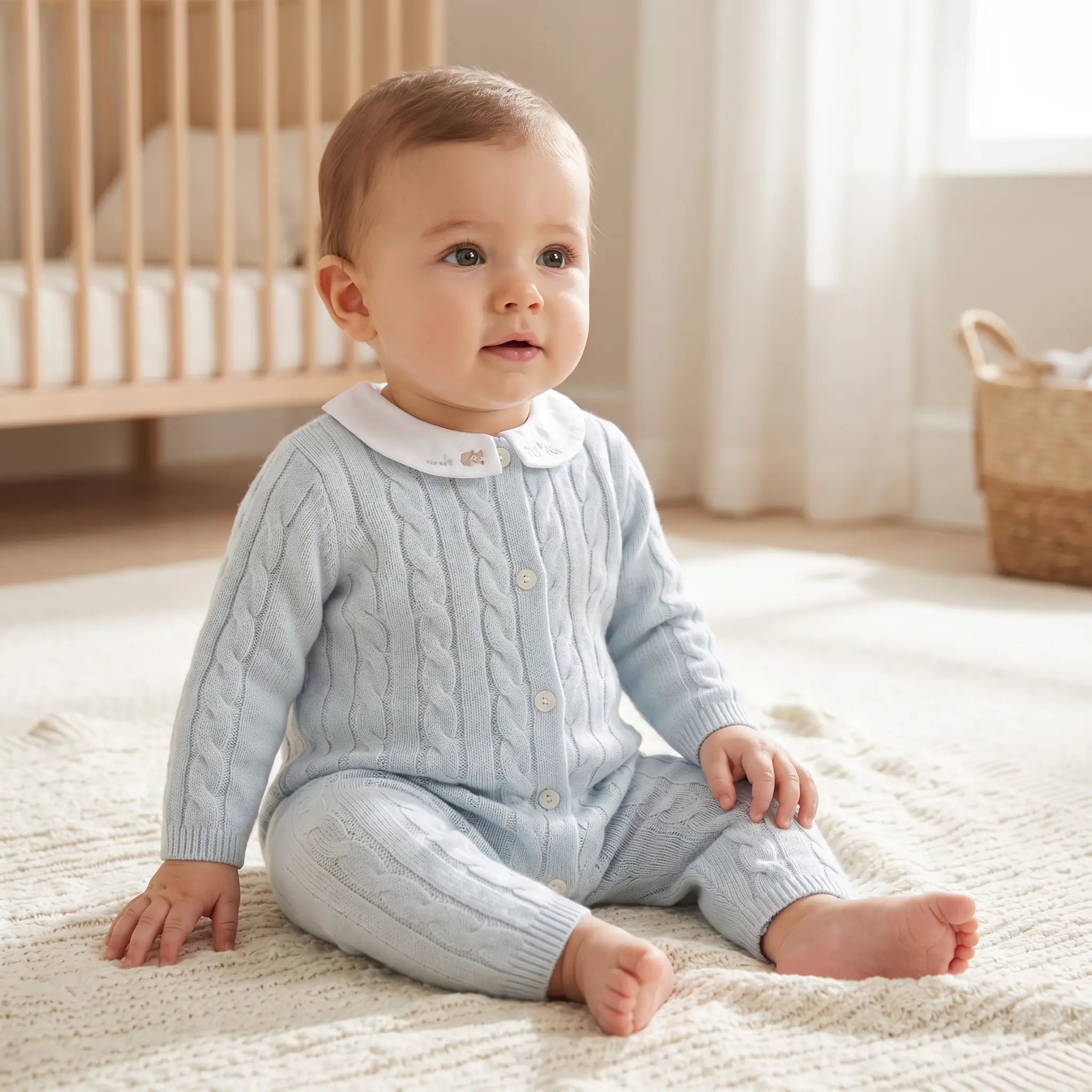 Wool Cashmere Collared Onesie - Sky Blue TARTINE ET CHOCOLAT