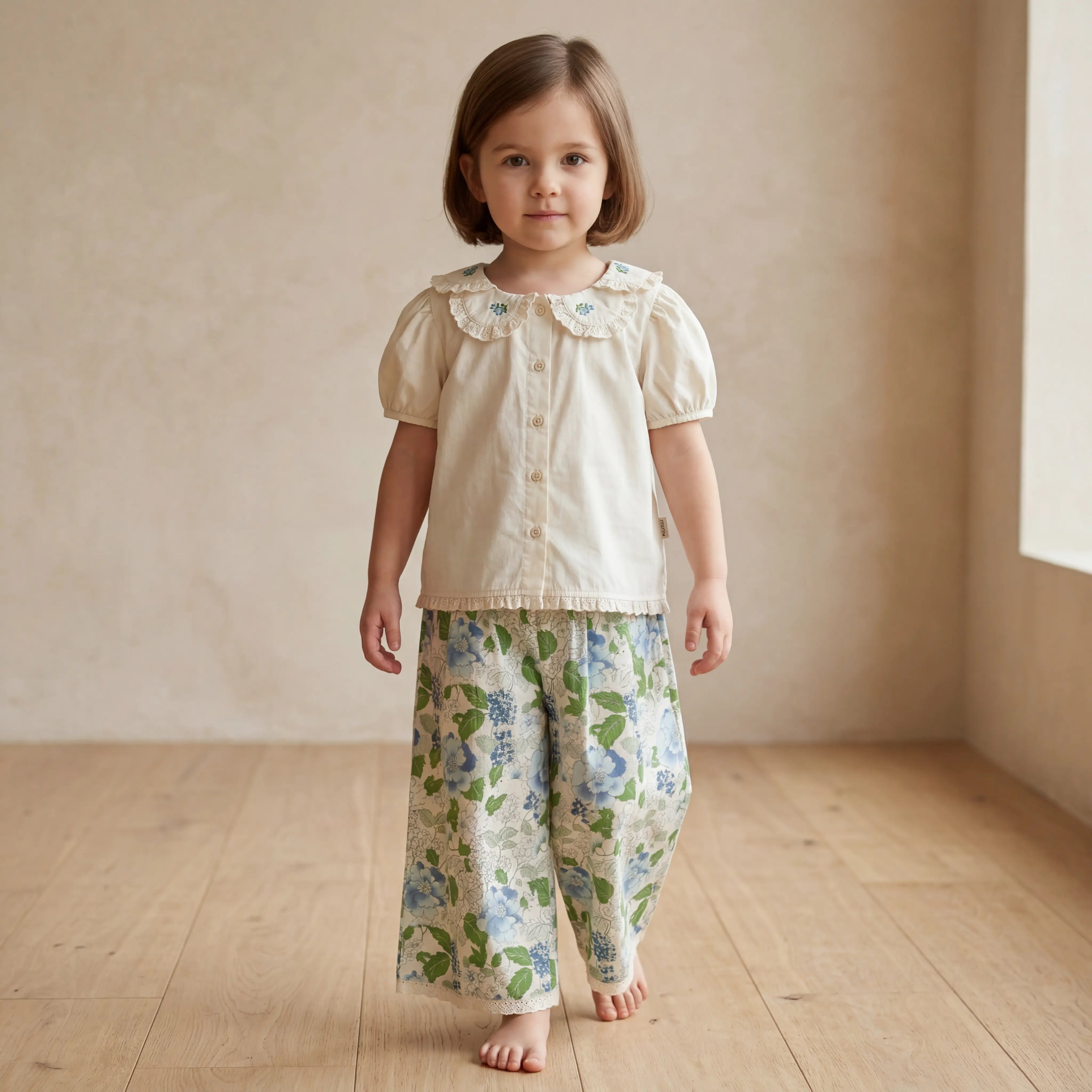 Girls Cream Embroidered Blouse & Blue Floral Pants Set Sol Vera