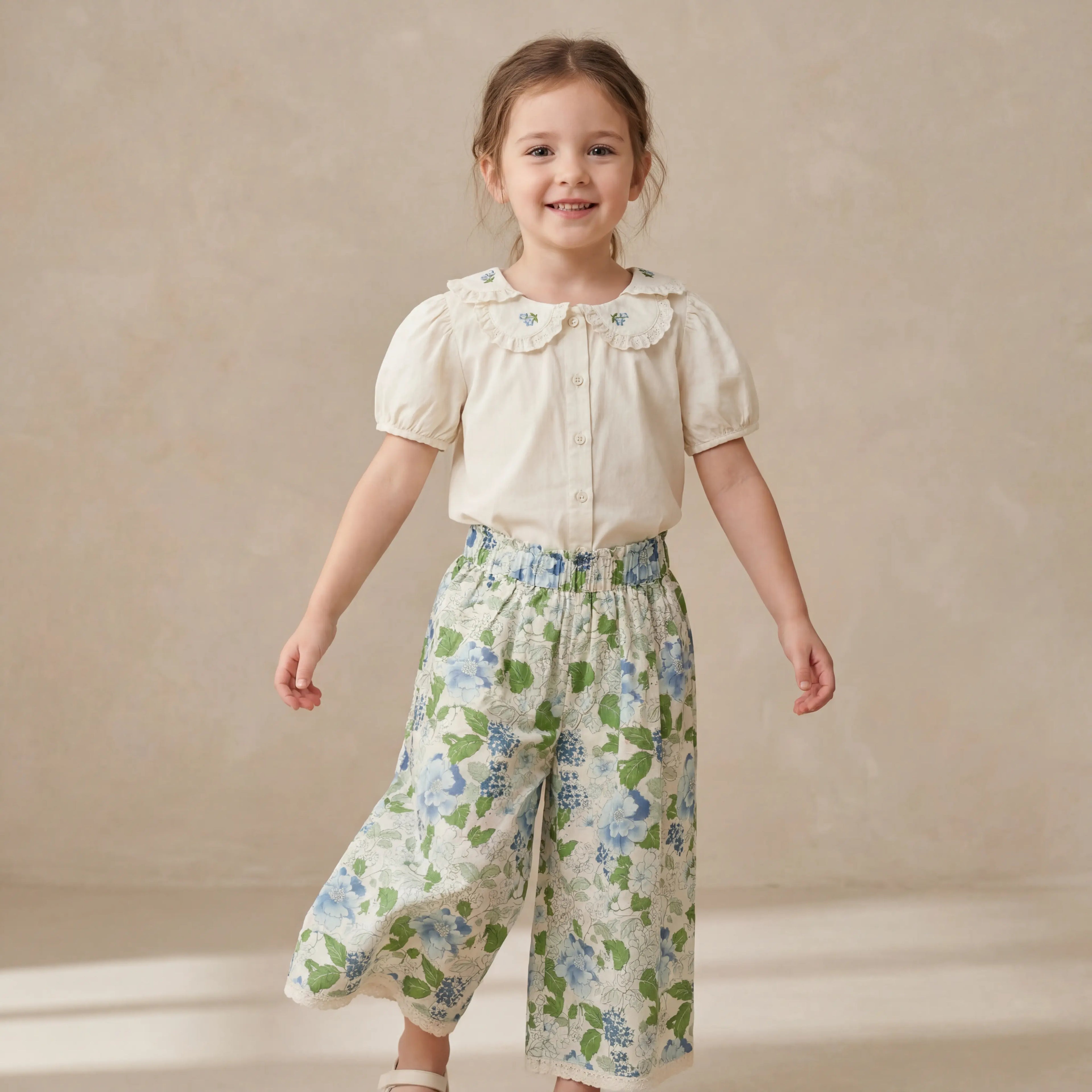 Girls Cream Embroidered Blouse & Blue Floral Pants Set Sol Vera