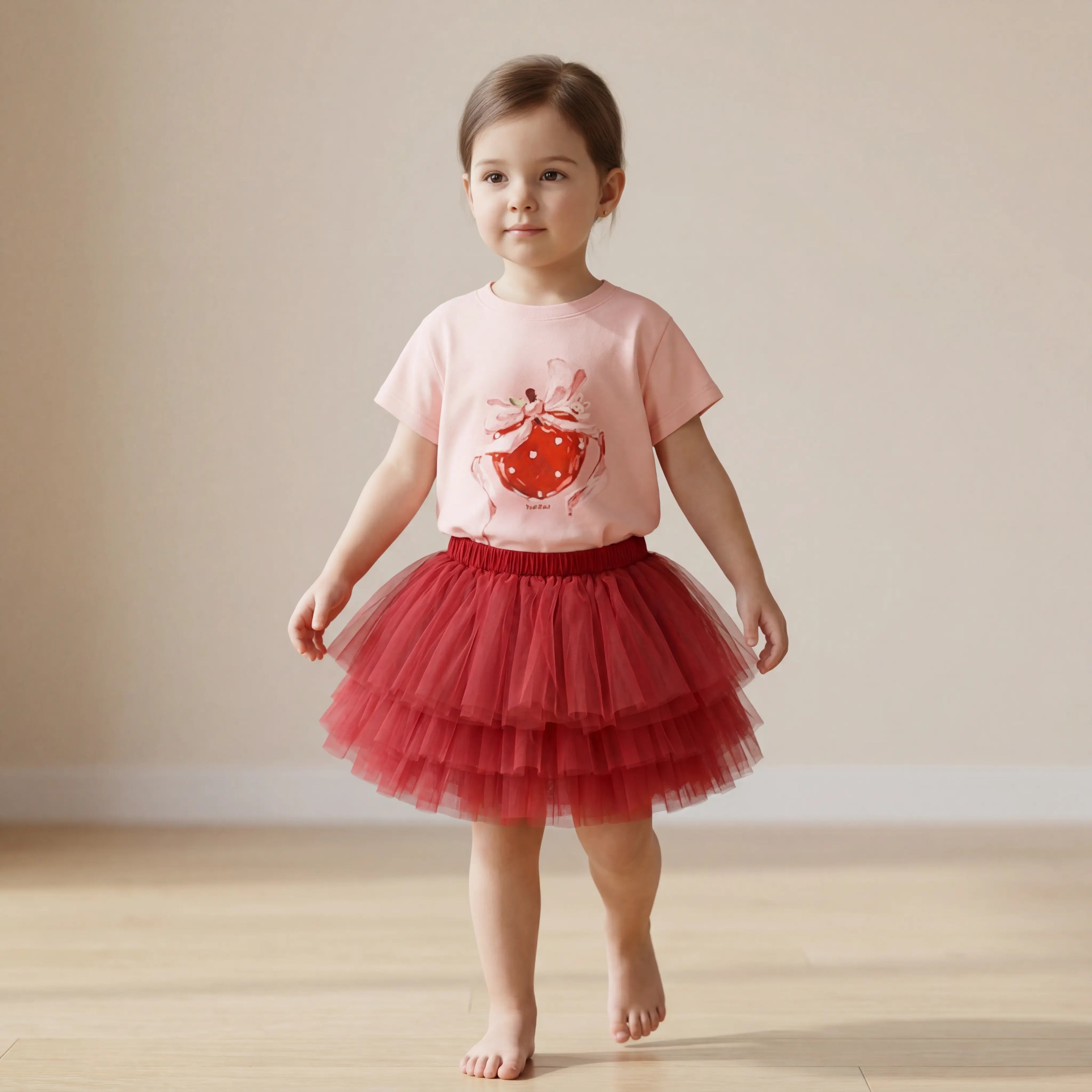 Girls Pink Strawberry T-Shirt & Red Tulle Skirt Set Sol Vera