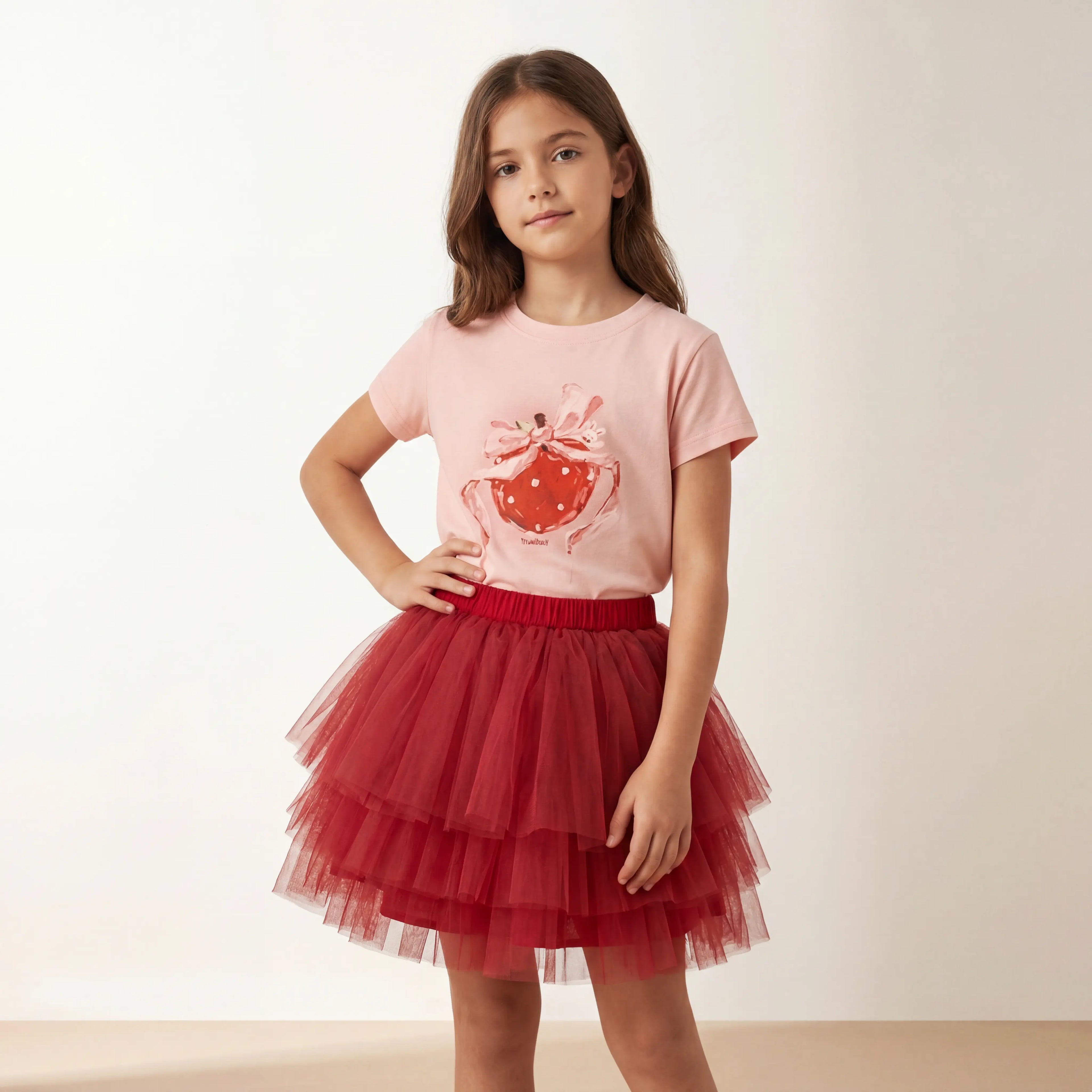 Girls Pink Strawberry T-Shirt & Red Tulle Skirt Set Sol Vera