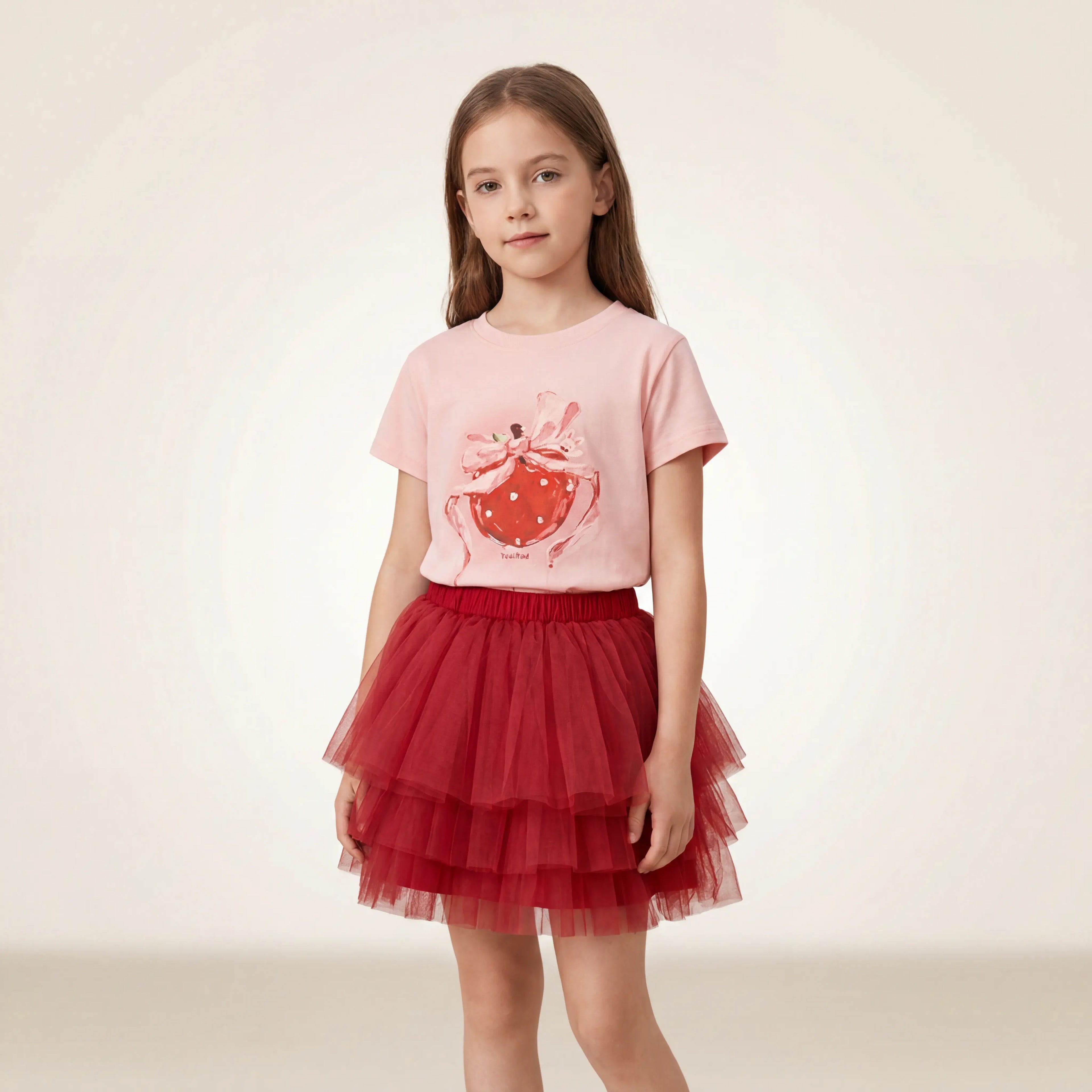 Girls Pink Strawberry T-Shirt & Red Tulle Skirt Set Sol Vera