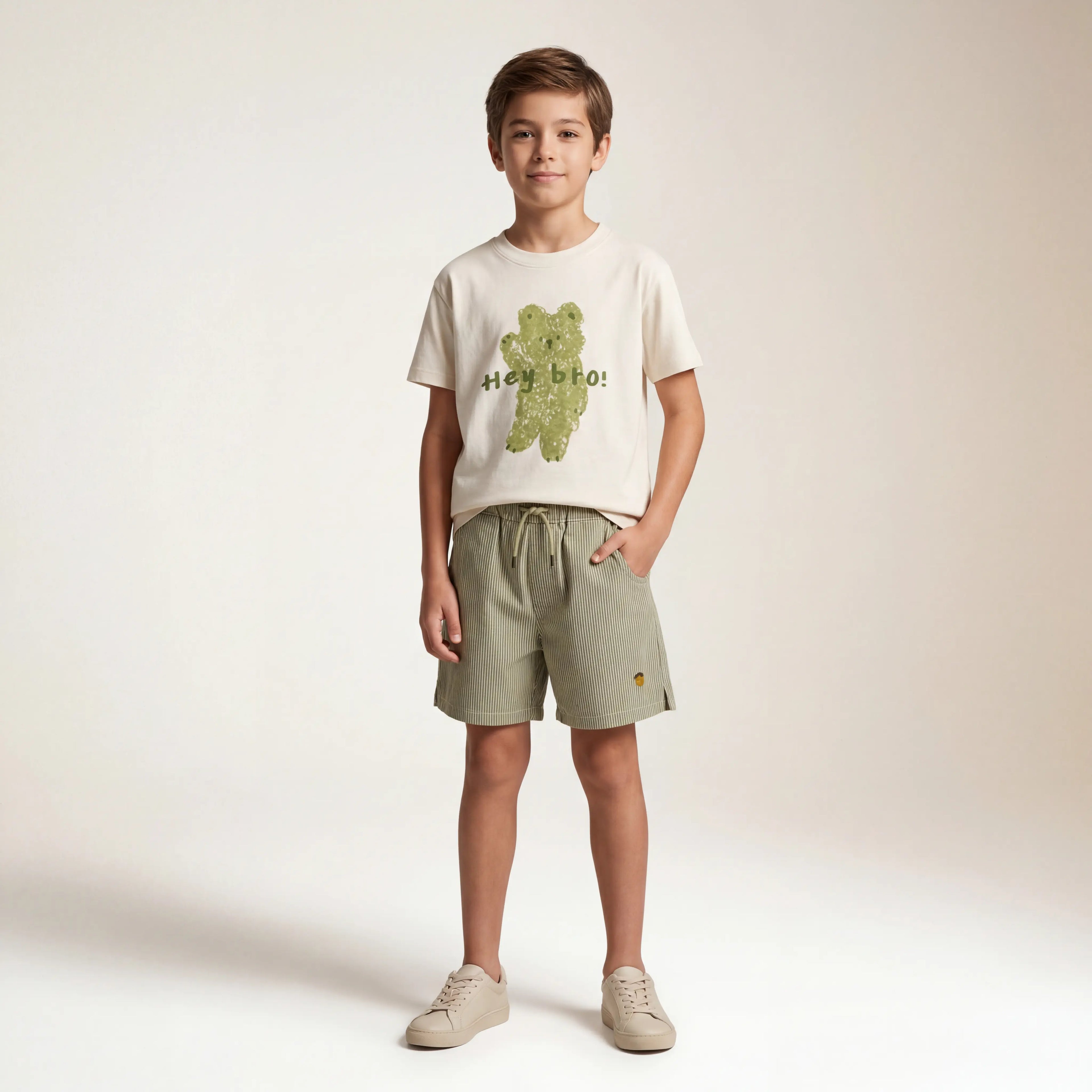 Boys Cream Graphic T-Shirt & Striped Shorts Set Sol Vera