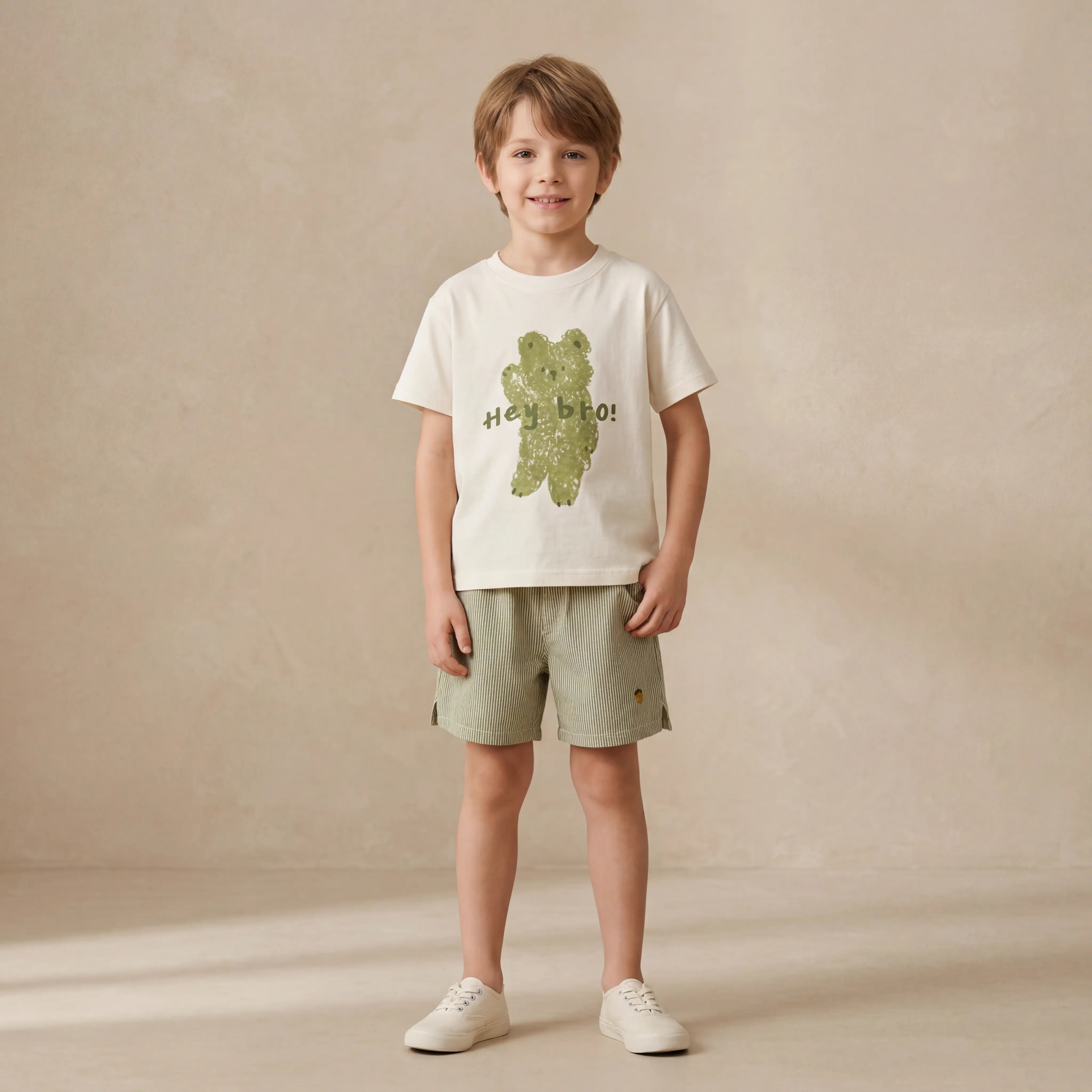 Boys Cream Graphic T-Shirt & Striped Shorts Set Sol Vera