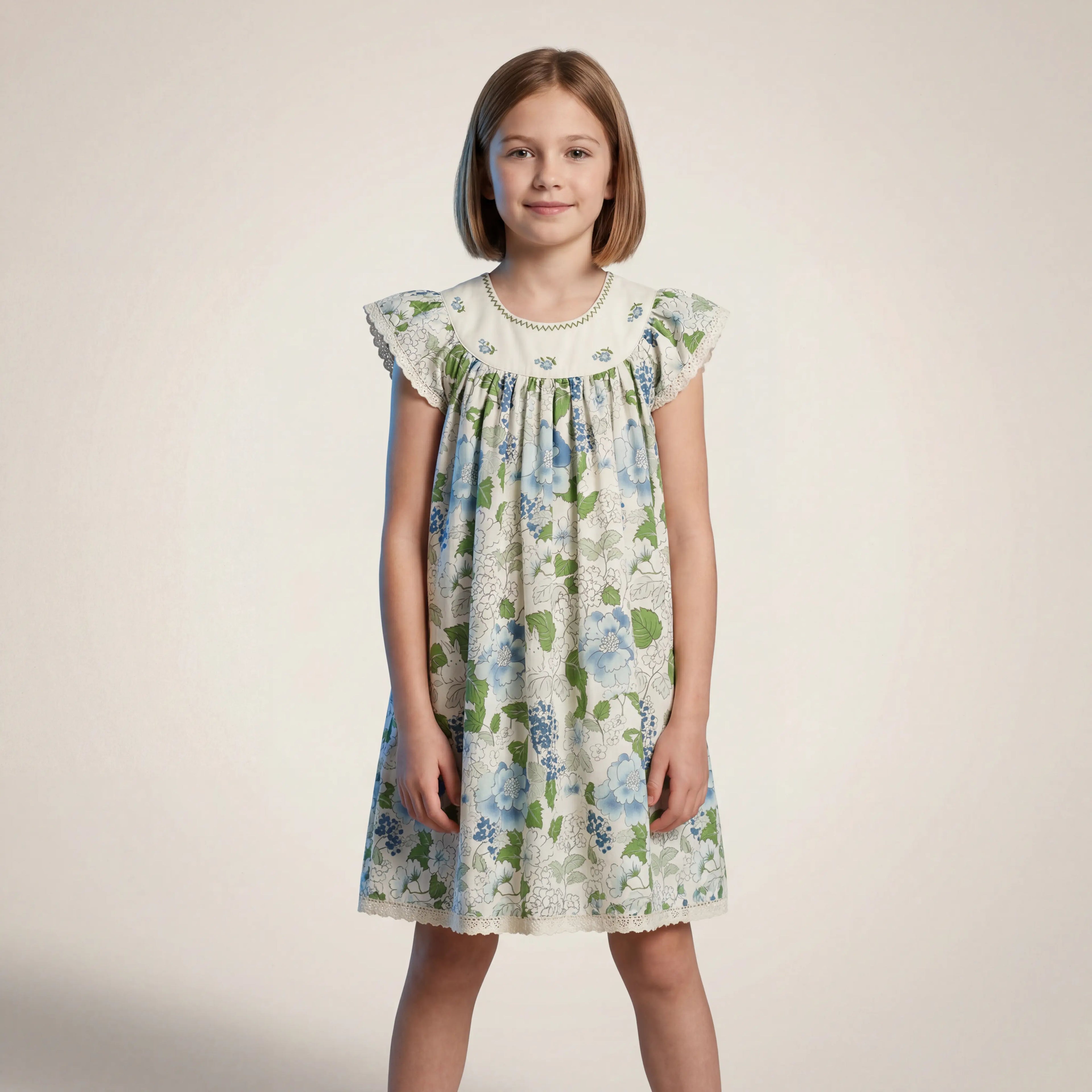 Girls Blue Floral Dress with Embroidered Collar Sol Vera
