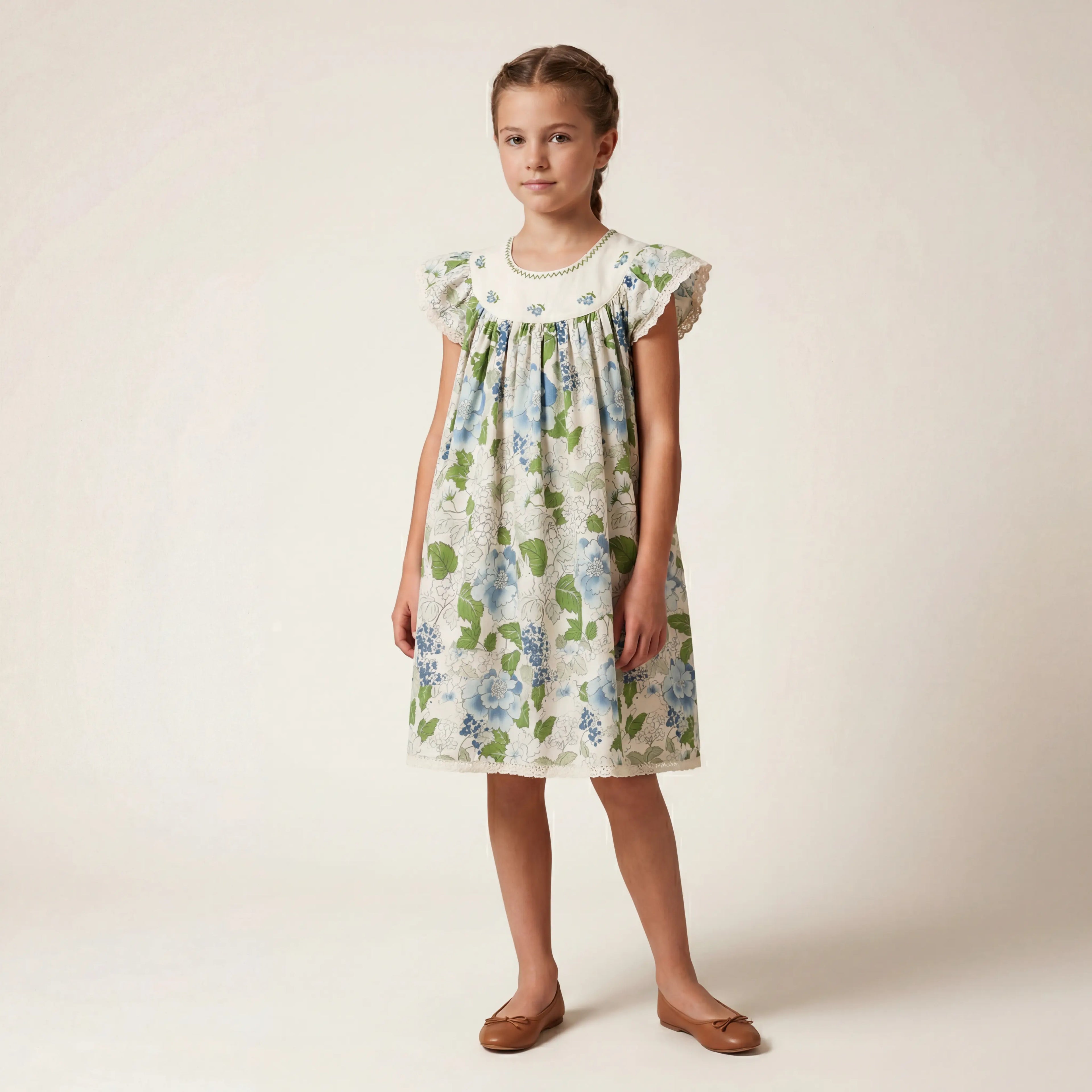 Girls Blue Floral Dress with Embroidered Collar Sol Vera