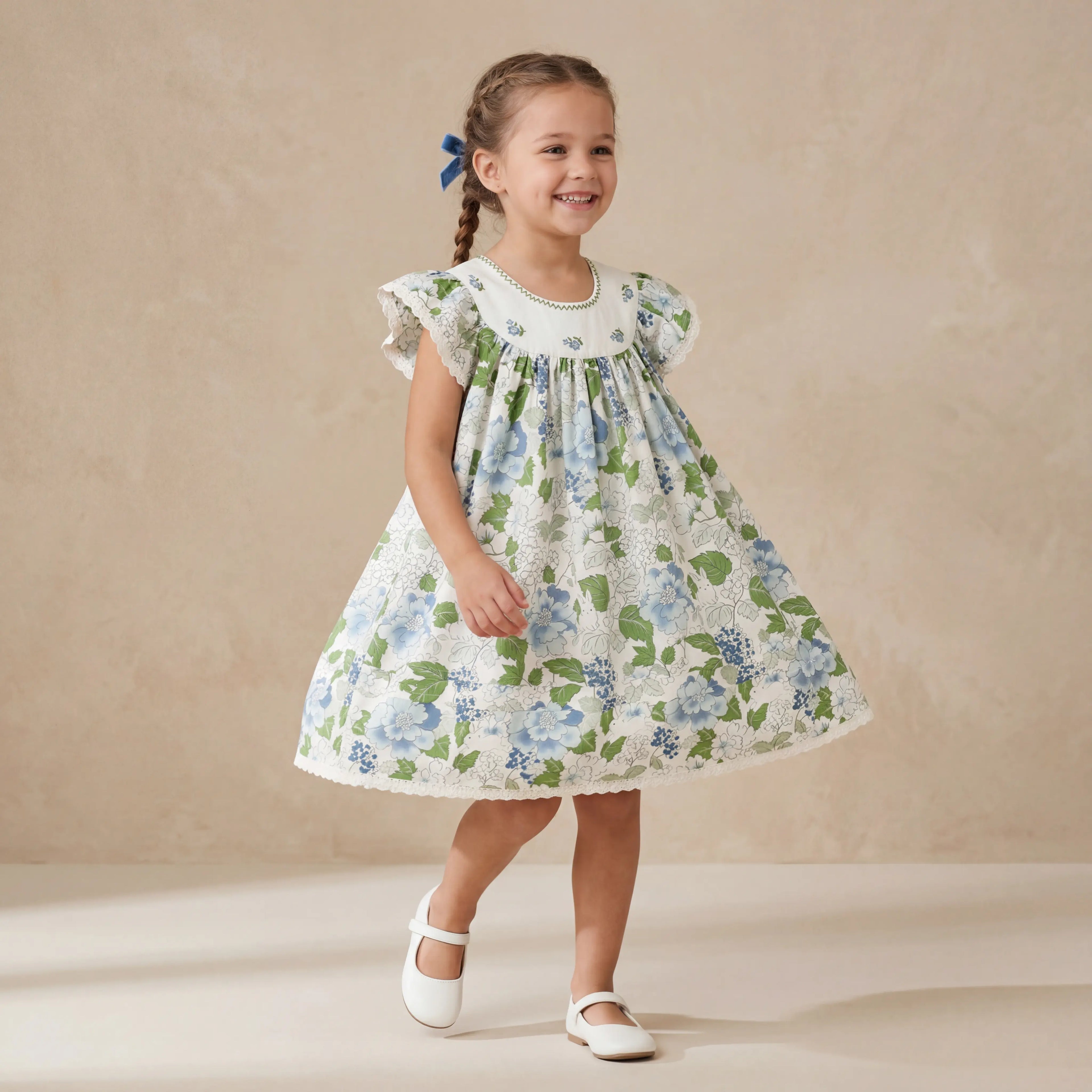 Girls Blue Floral Dress with Embroidered Collar Sol Vera