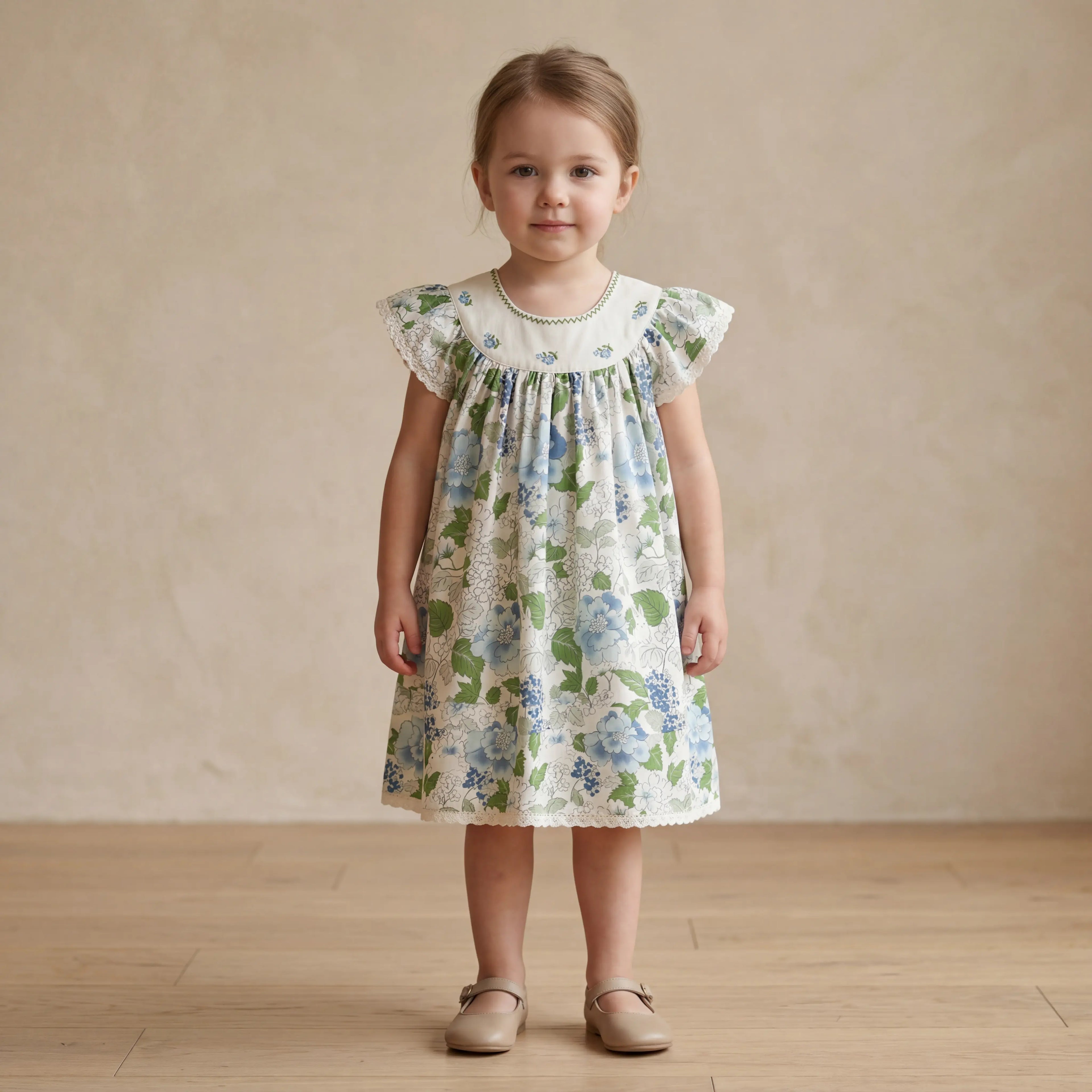 Girls Blue Floral Dress with Embroidered Collar Sol Vera