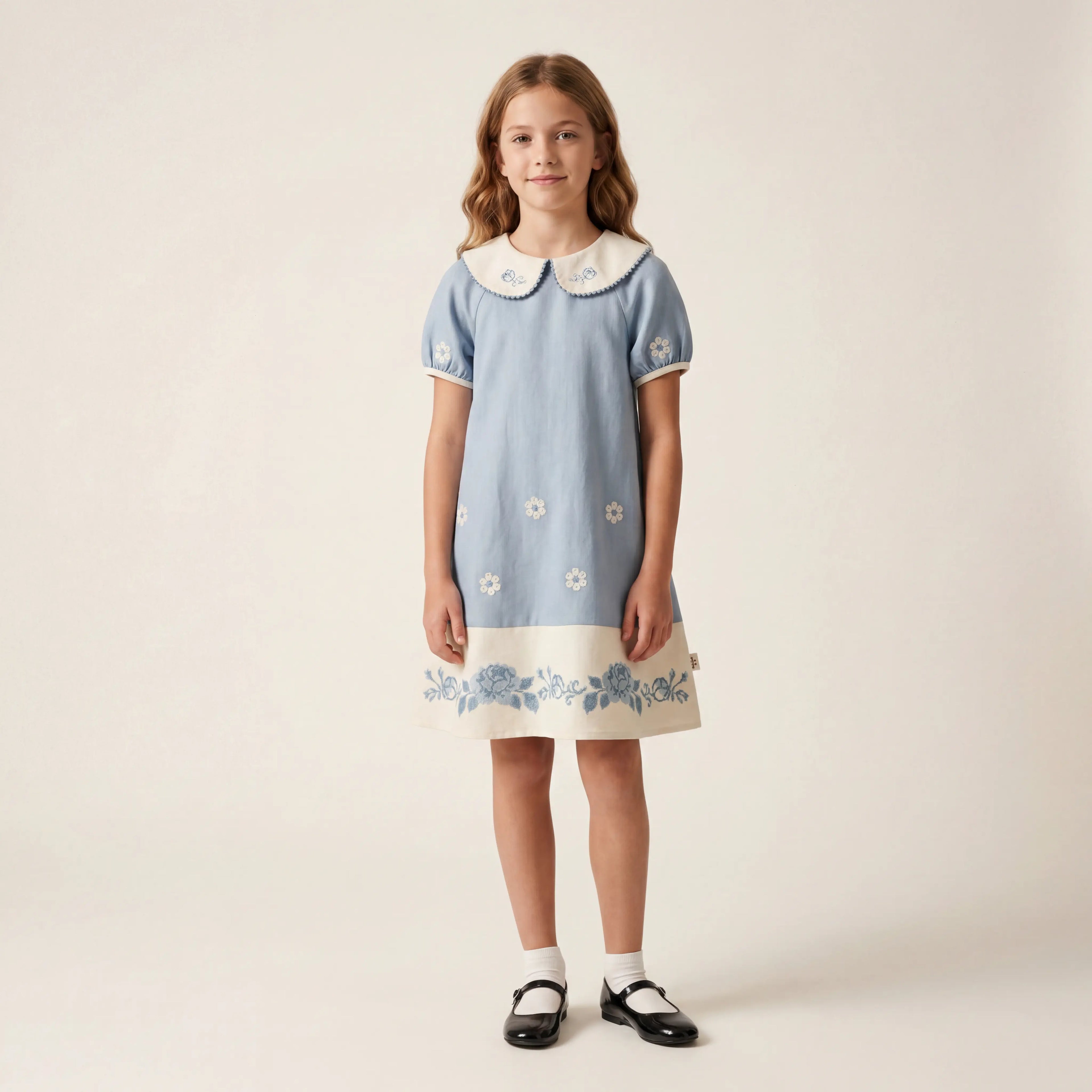Girls Blue Floral Embroidered Dress with Peter Pan Collar Sol Vera