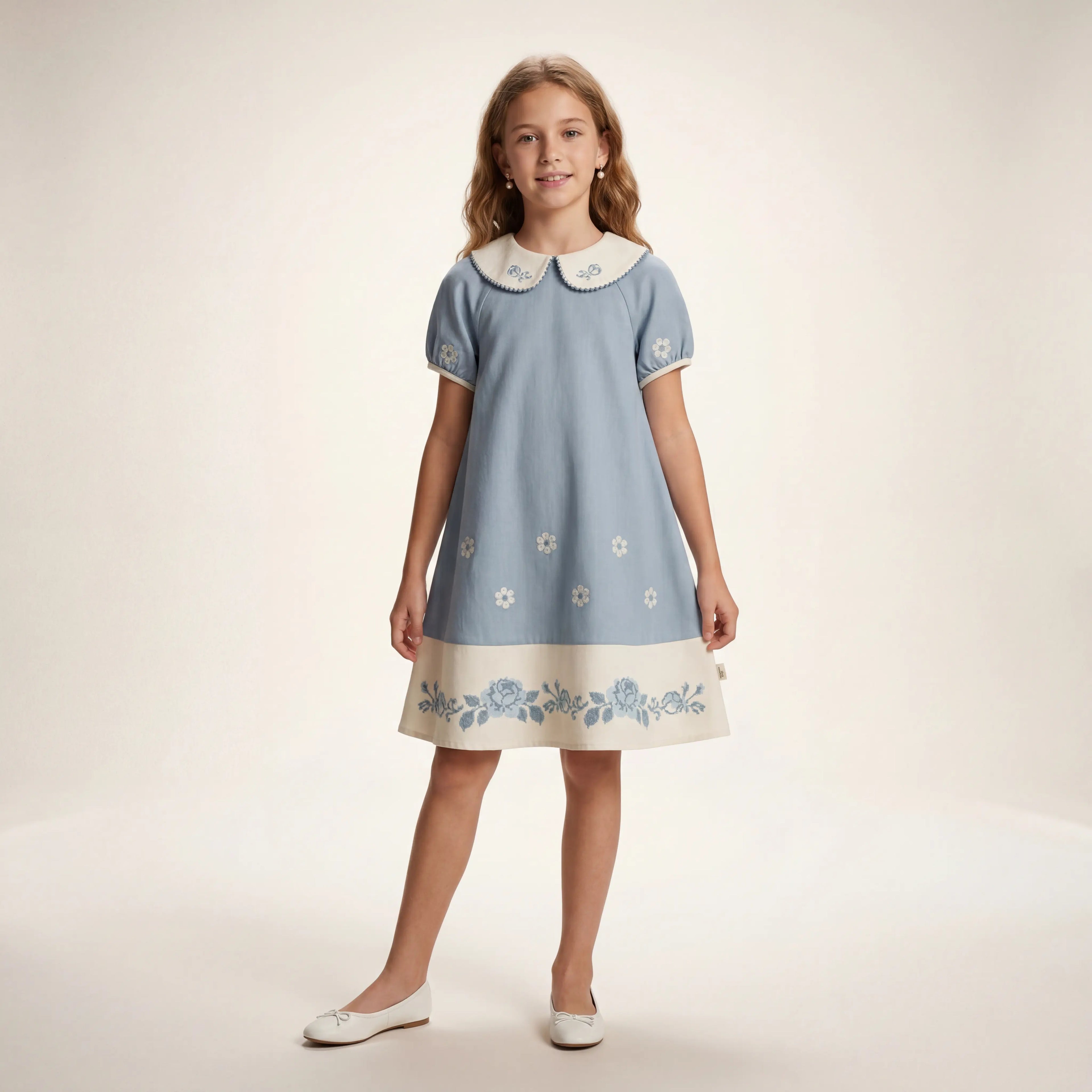 Girls Blue Floral Embroidered Dress with Peter Pan Collar Sol Vera