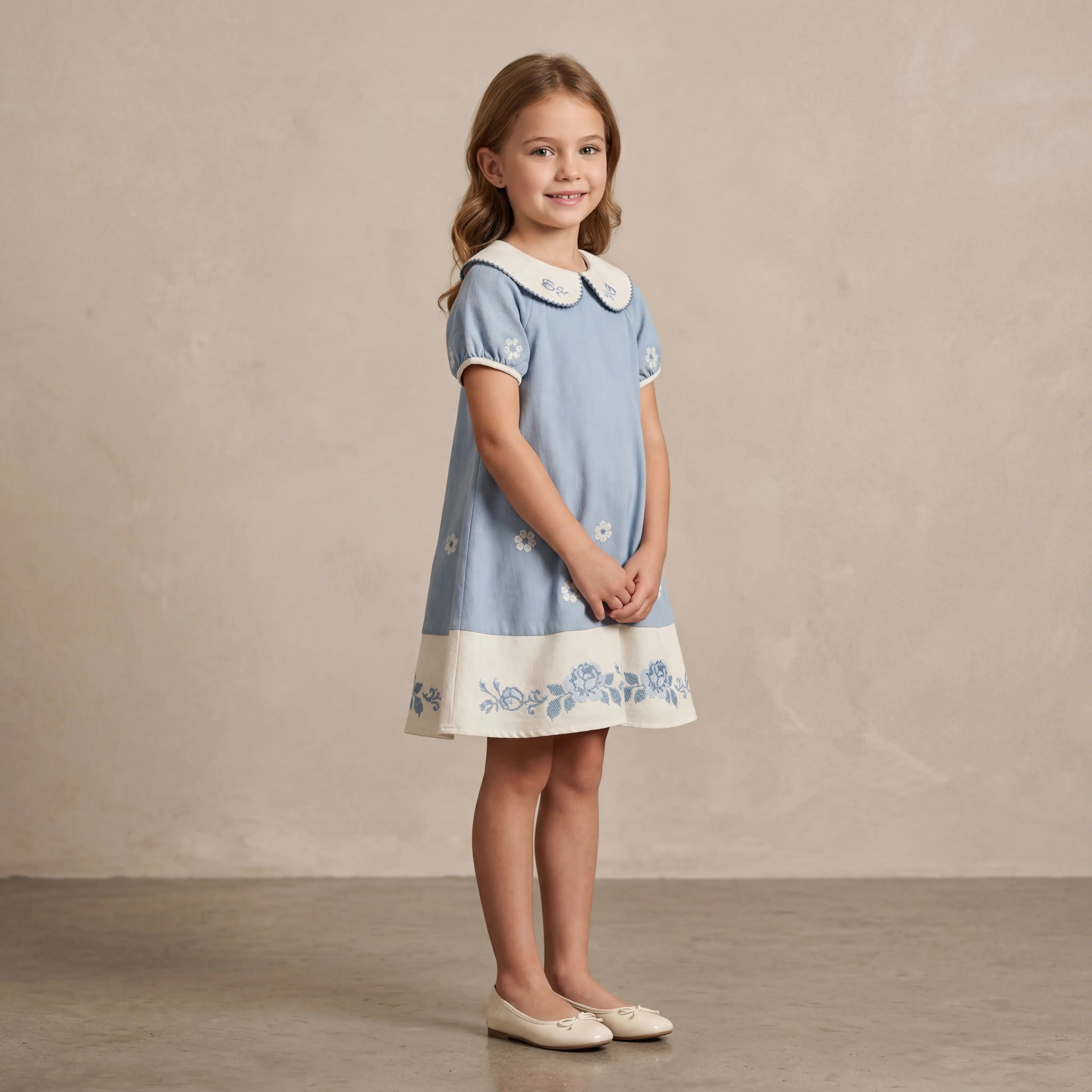 Girls Blue Floral Embroidered Dress with Peter Pan Collar Sol Vera