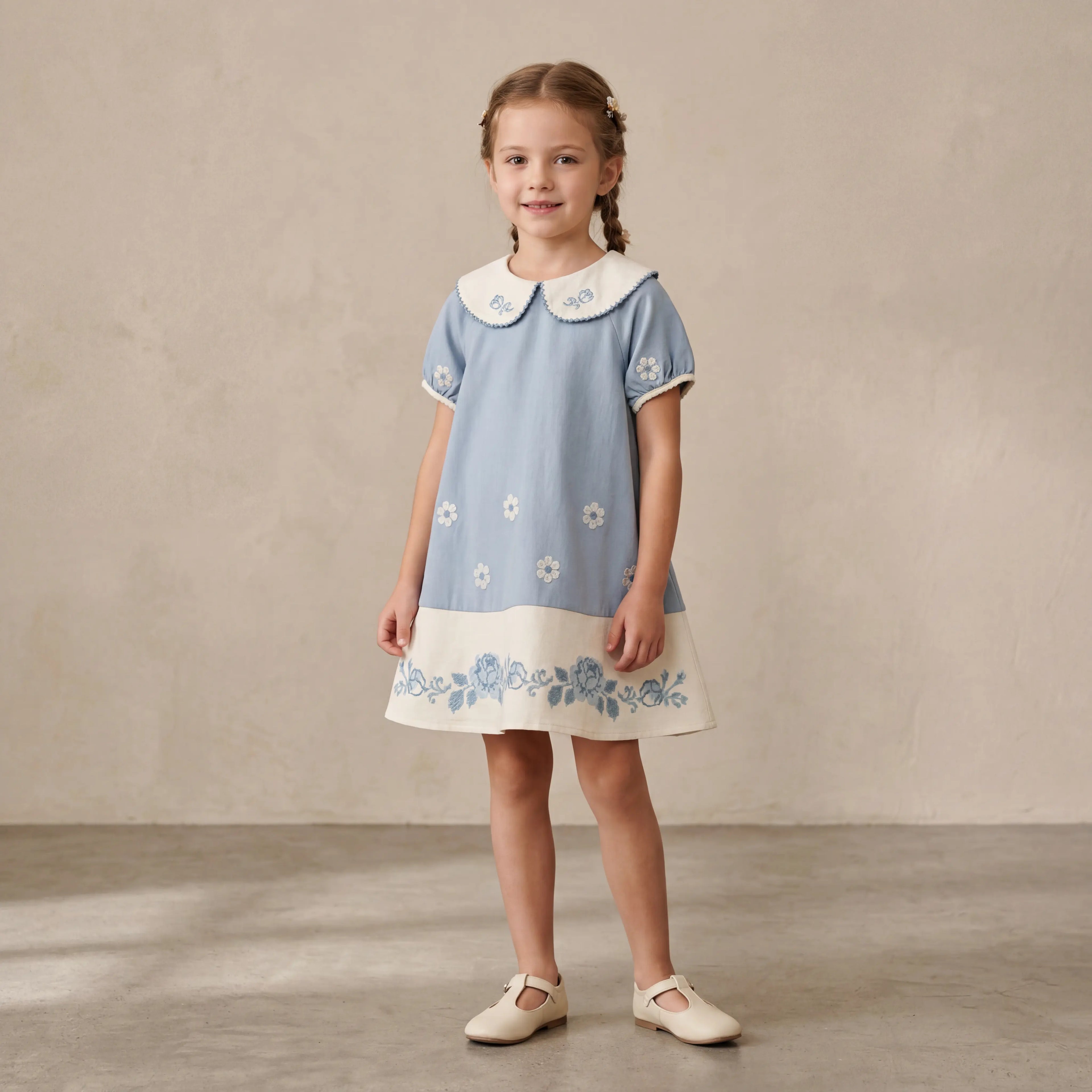 Girls Blue Floral Embroidered Dress with Peter Pan Collar Sol Vera