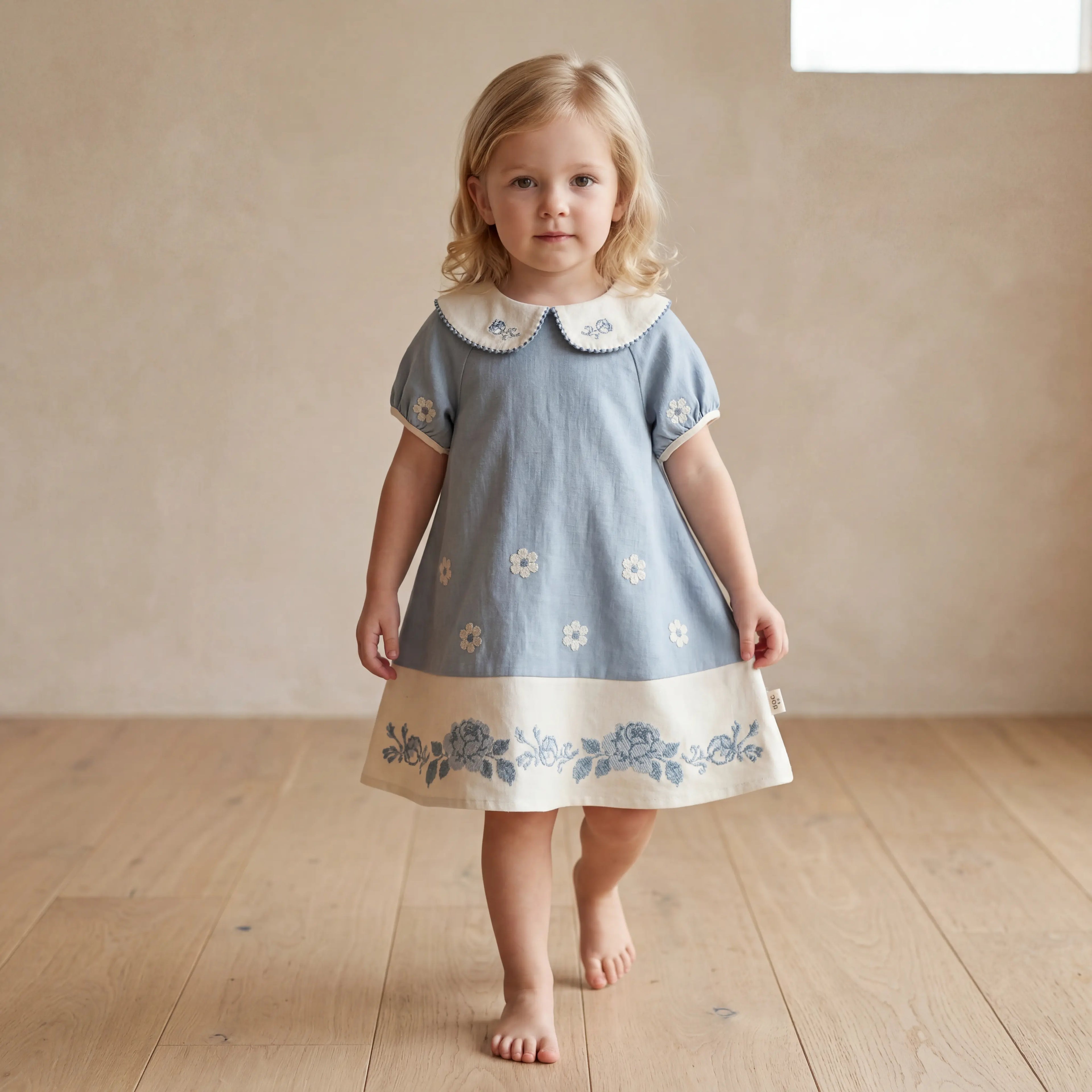 Girls Blue Floral Embroidered Dress with Peter Pan Collar Sol Vera