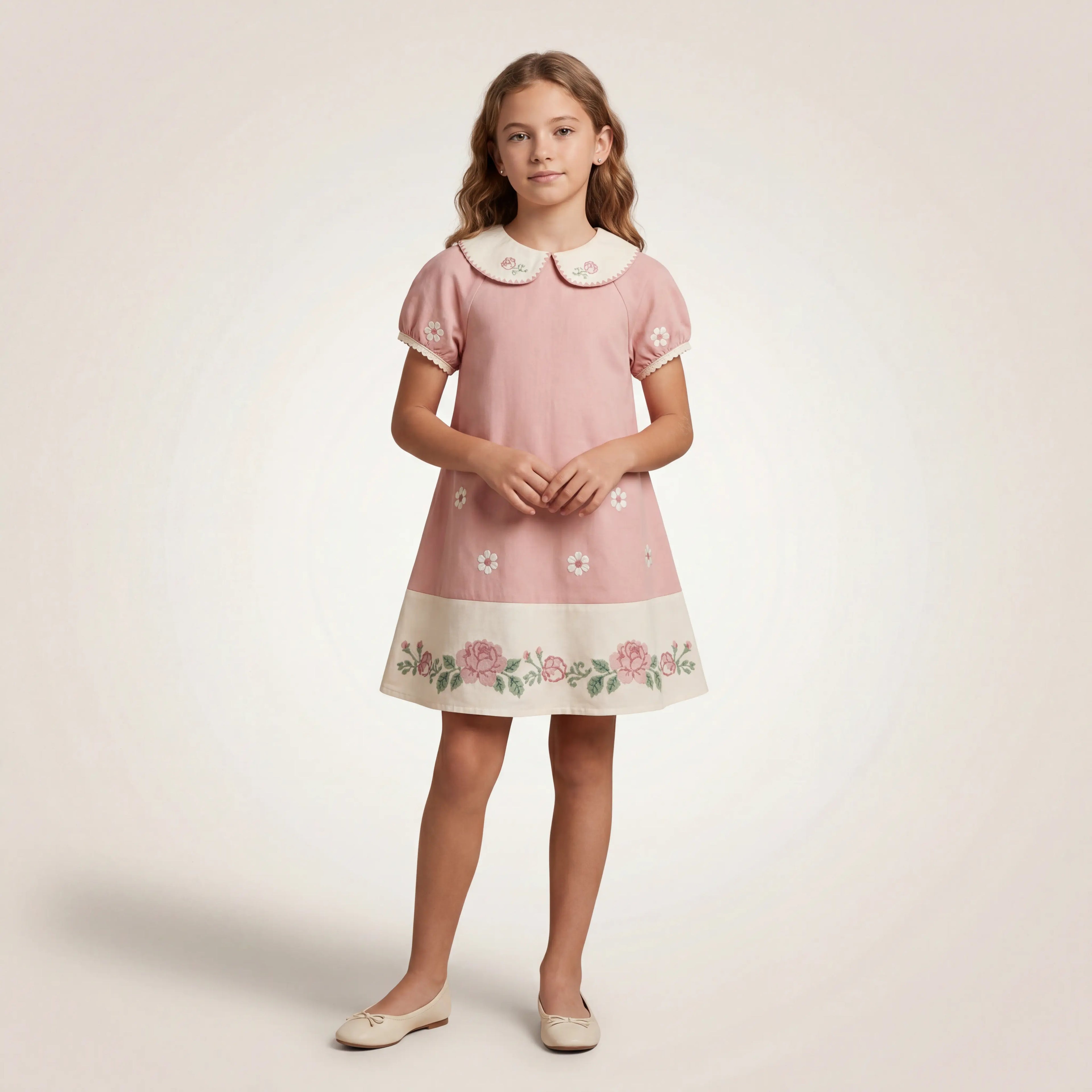 Girls Pink Floral Embroidered Dress with Peter Pan Collar Sol Vera