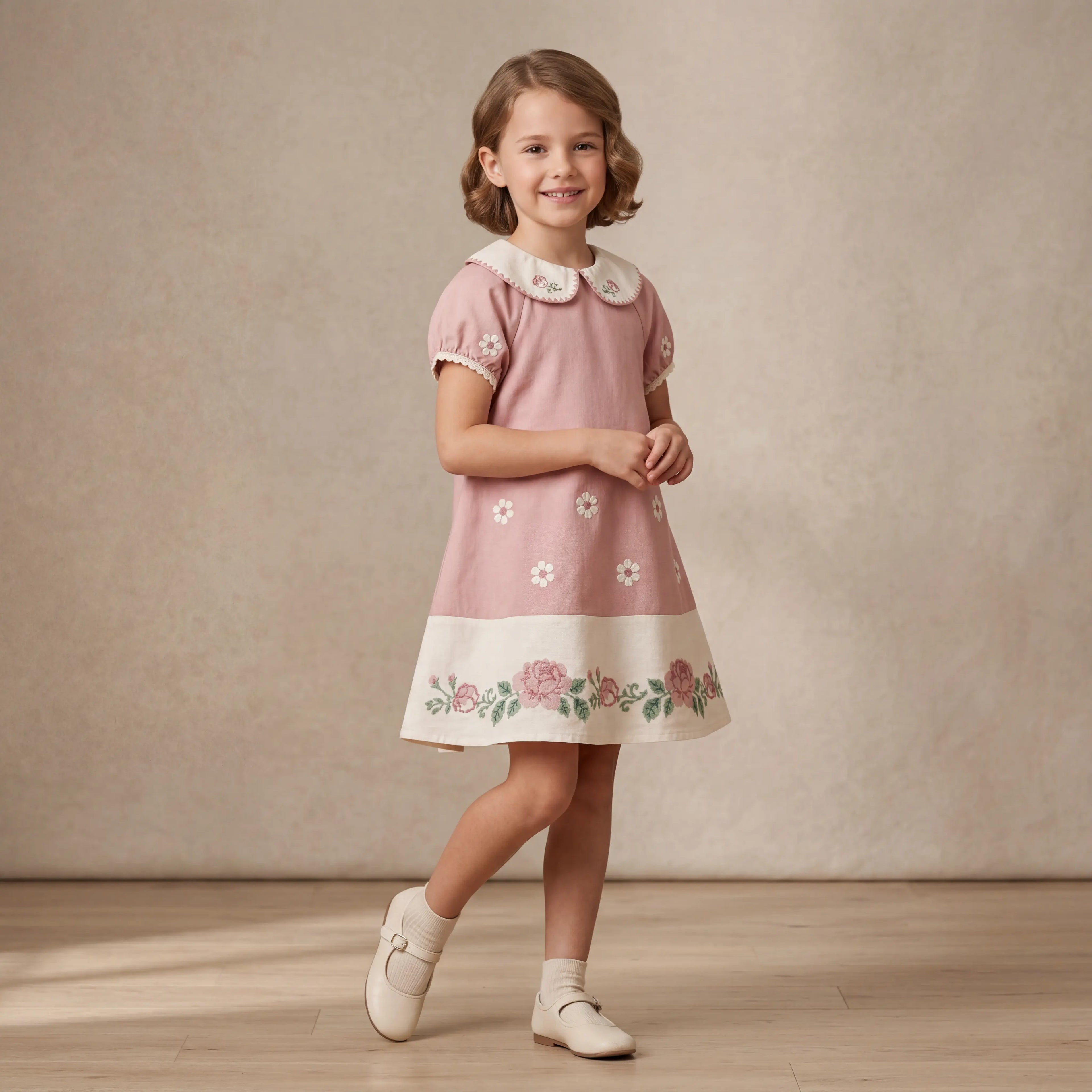 Girls Pink Floral Embroidered Dress with Peter Pan Collar Sol Vera