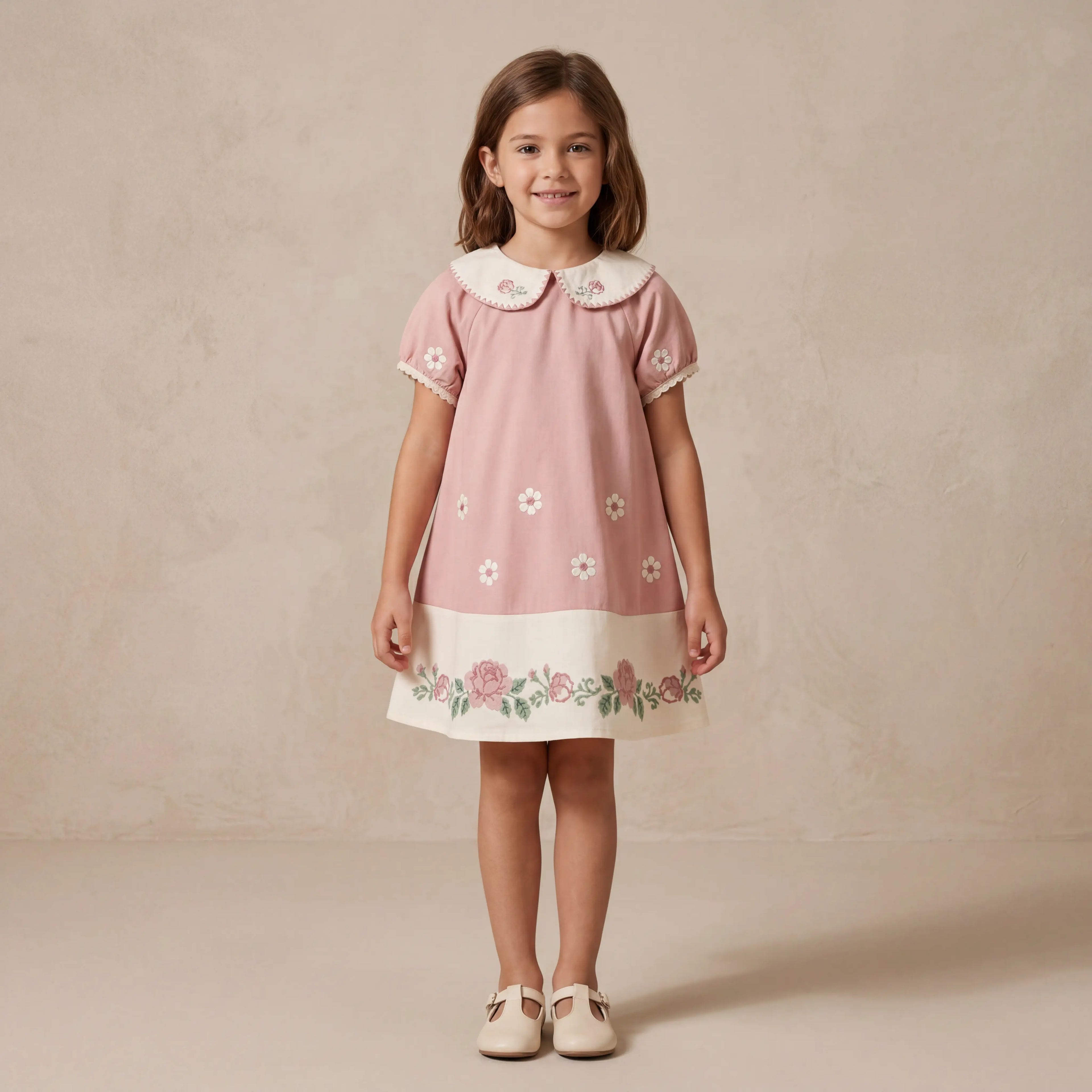 Girls Pink Floral Embroidered Dress with Peter Pan Collar Sol Vera