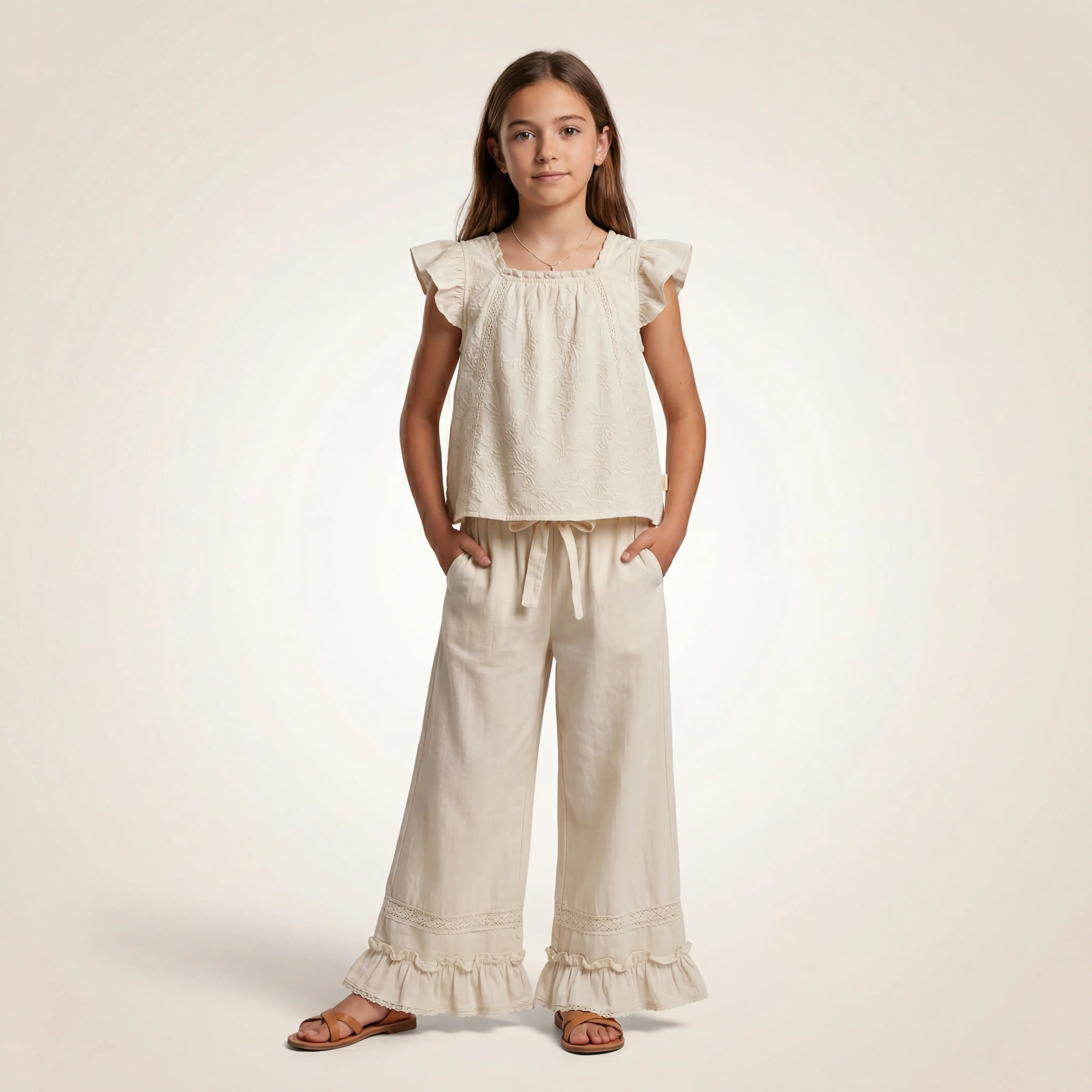Girls Cream Ruffle Top & Wide-Leg Pants Set Sol Vera