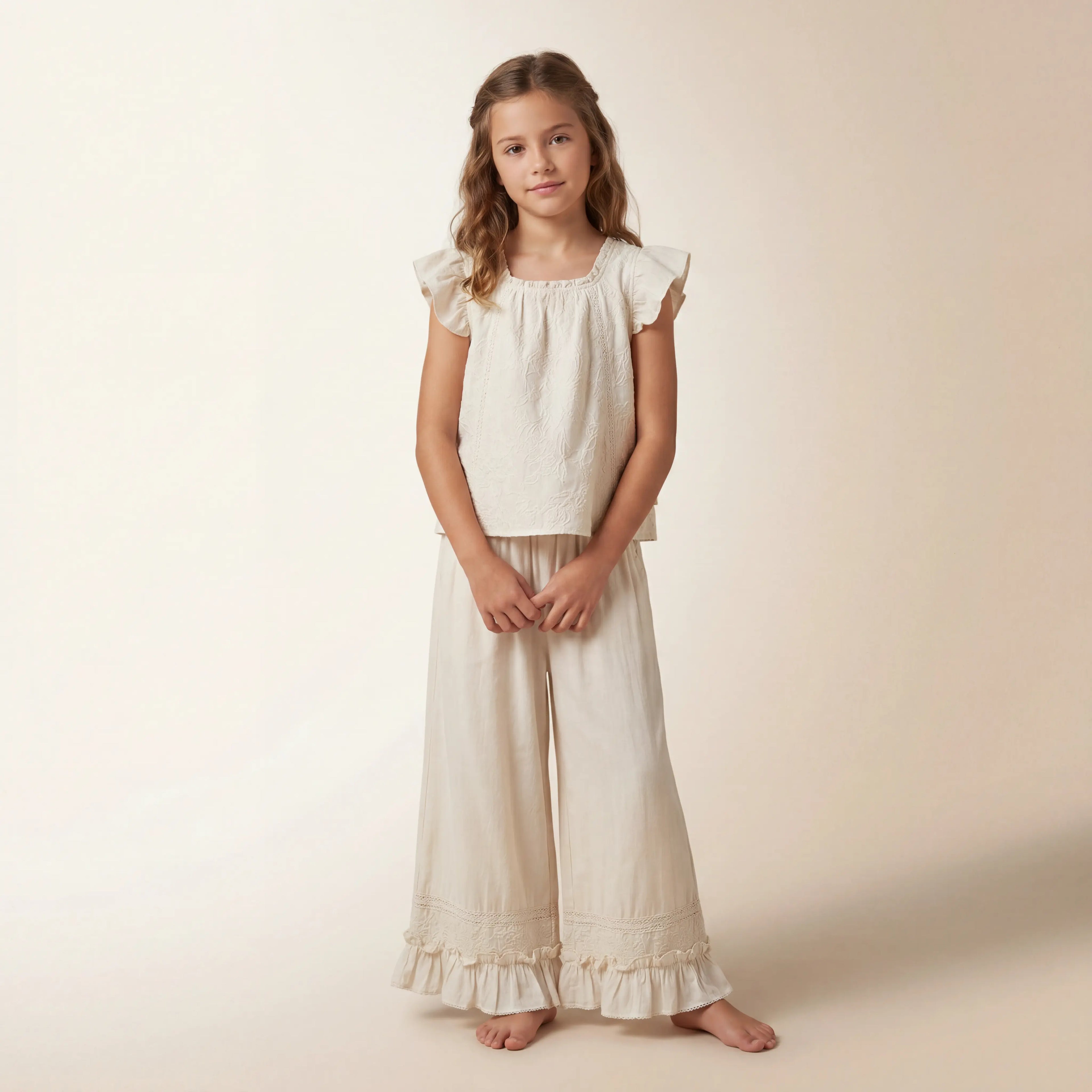 Girls Cream Ruffle Top & Wide-Leg Pants Set Sol Vera