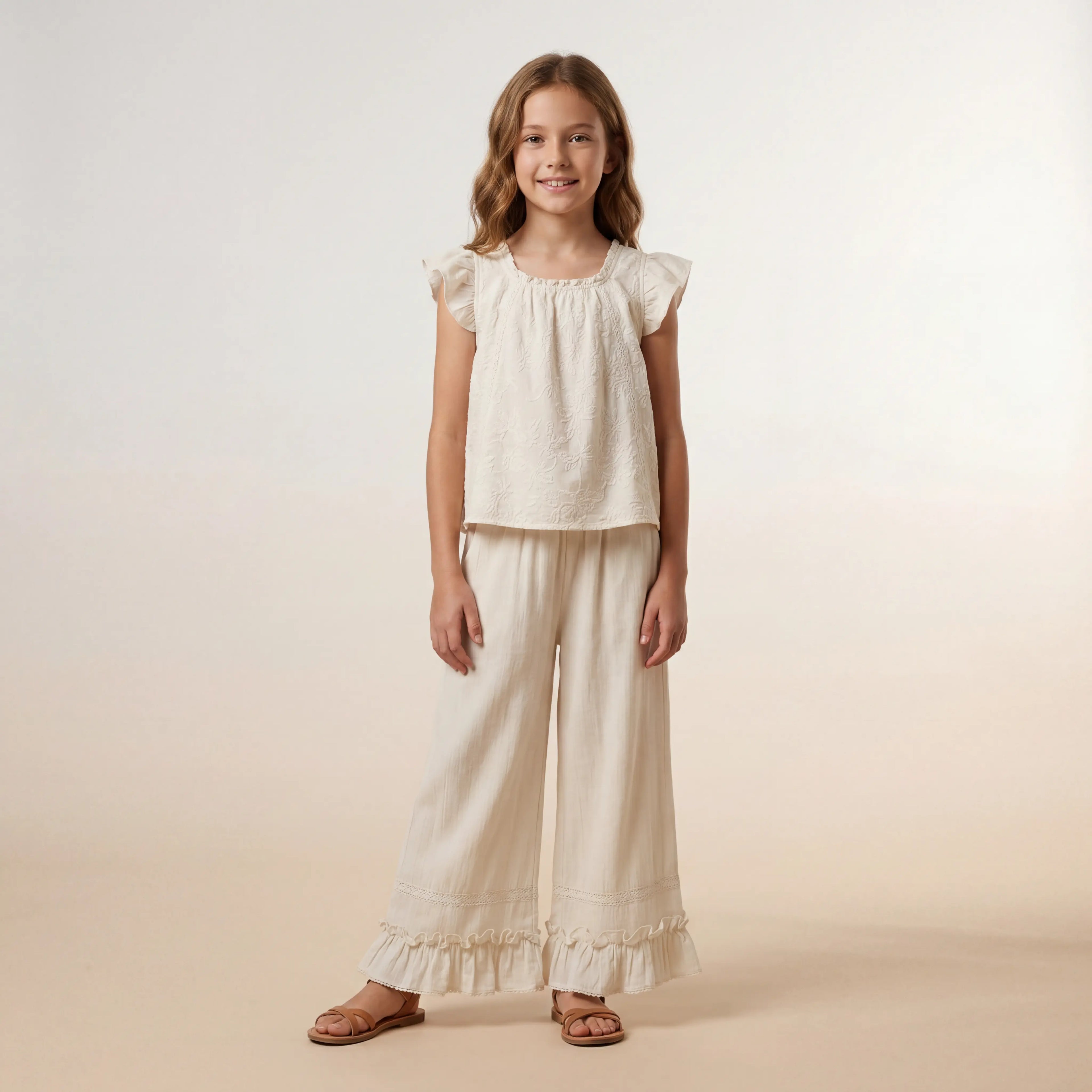 Girls Cream Ruffle Top & Wide-Leg Pants Set Sol Vera