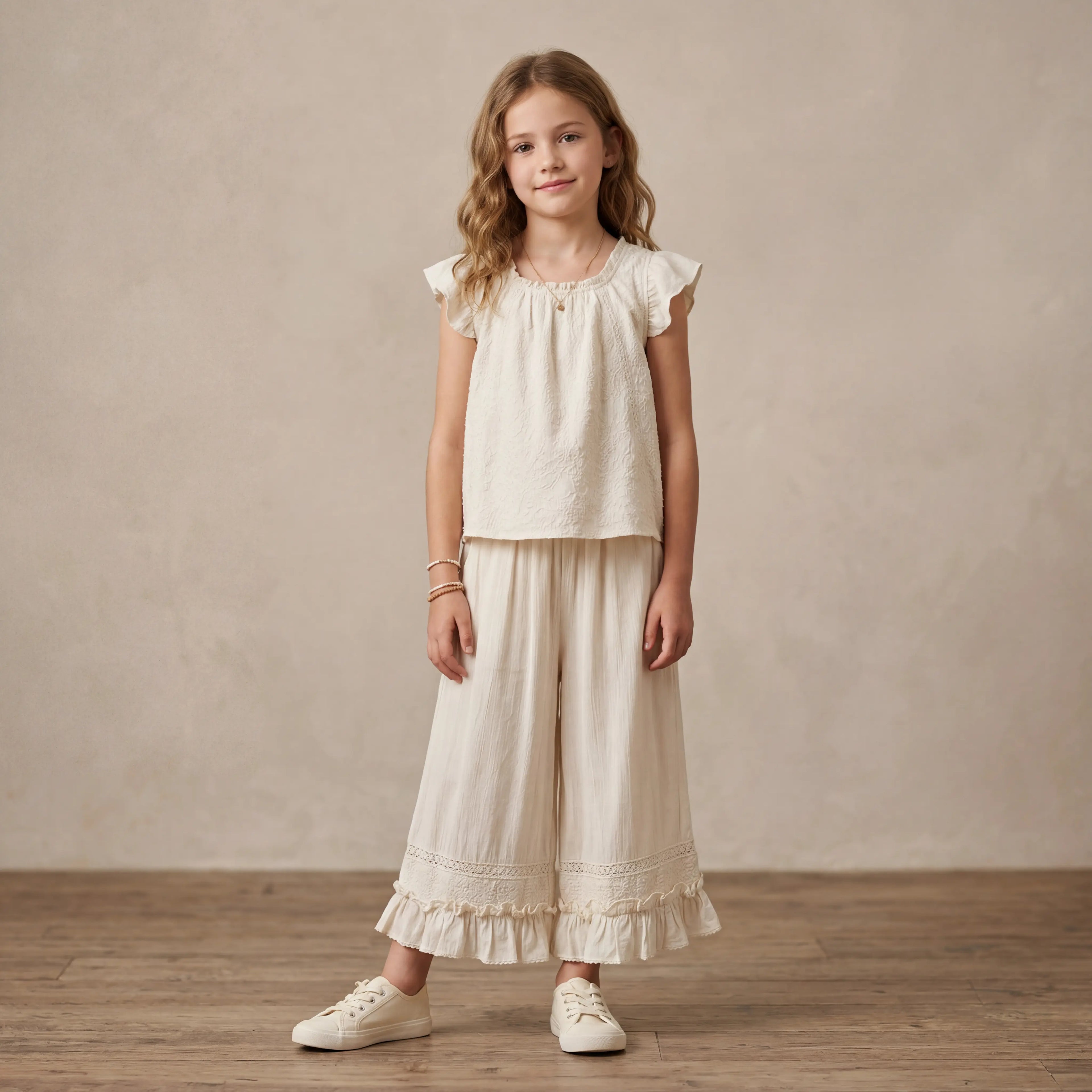 Girls Cream Ruffle Top & Wide-Leg Pants Set Sol Vera