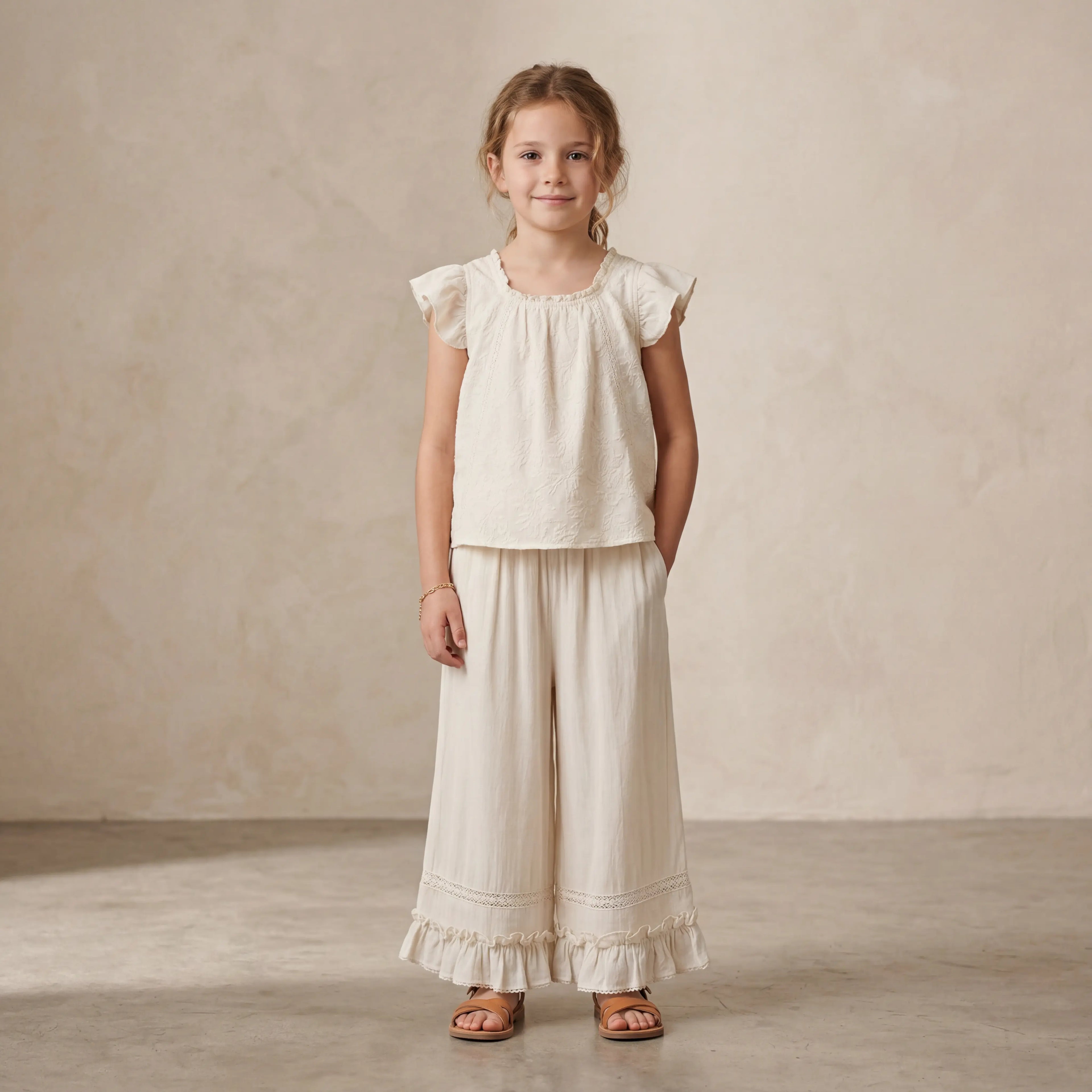 Girls Cream Ruffle Top & Wide-Leg Pants Set Sol Vera