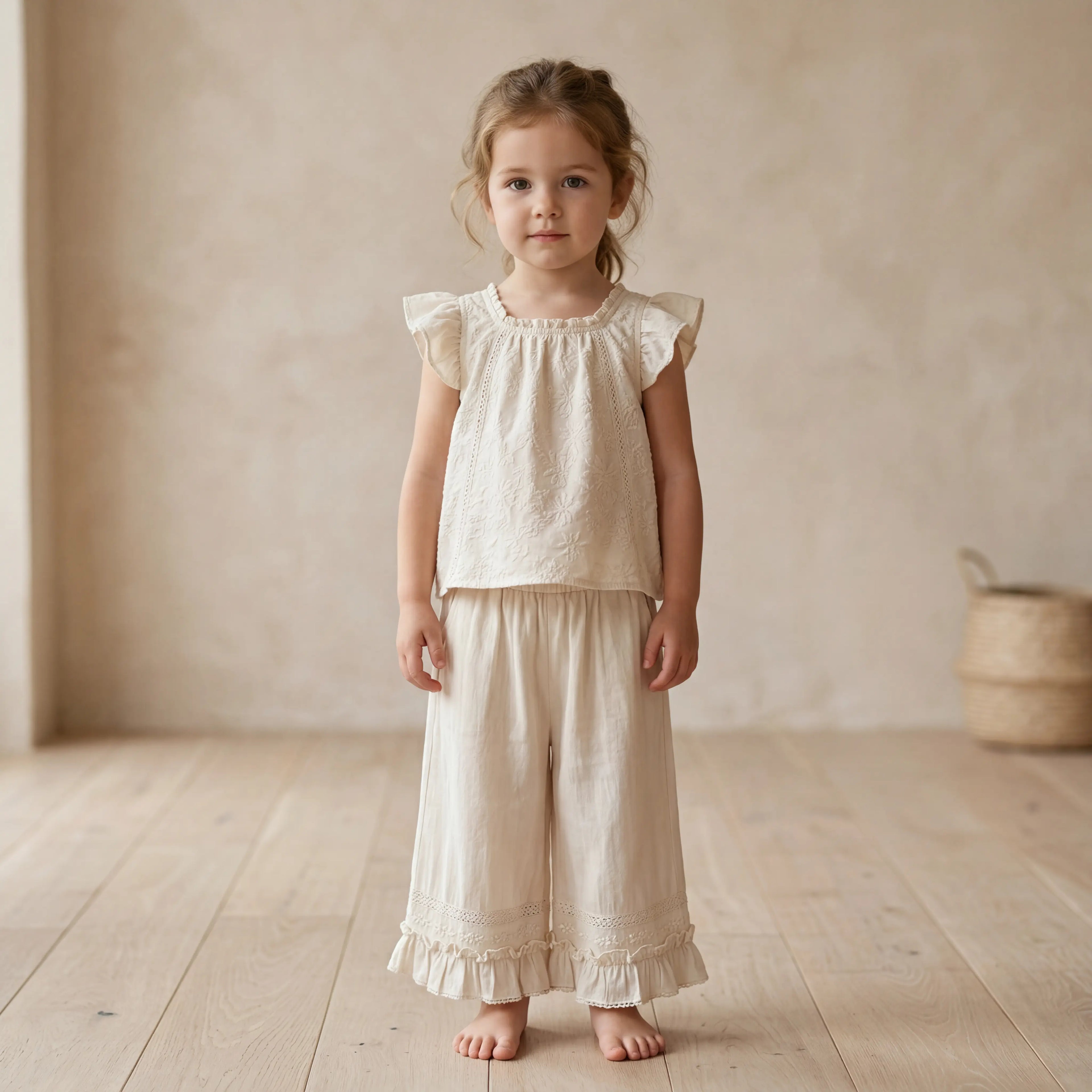 Girls Cream Ruffle Top & Wide-Leg Pants Set Sol Vera