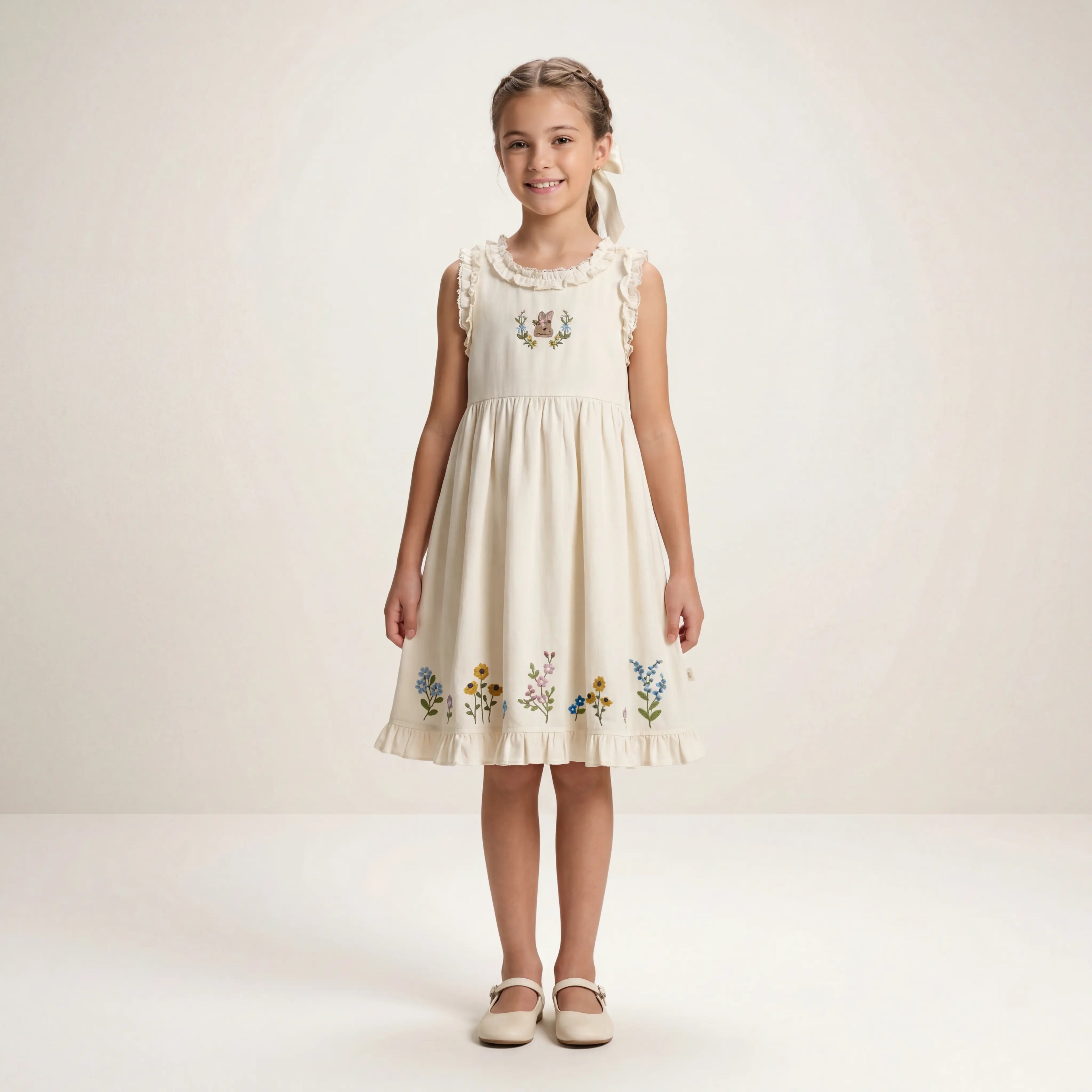 Girls Cream Floral Embroidered Sleeveless Dress Sol Vera